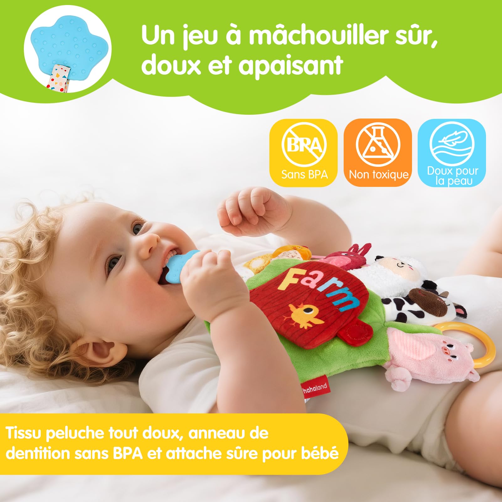 hahaland Jouet Bébé 6-12 Mois – Marionnettes Animaux de Ferme avec Anneau de Dentition & Papier Froissé, Jouet Sensoriel Montessori pour Bebe Fille Garçon 6 9 12 Mois