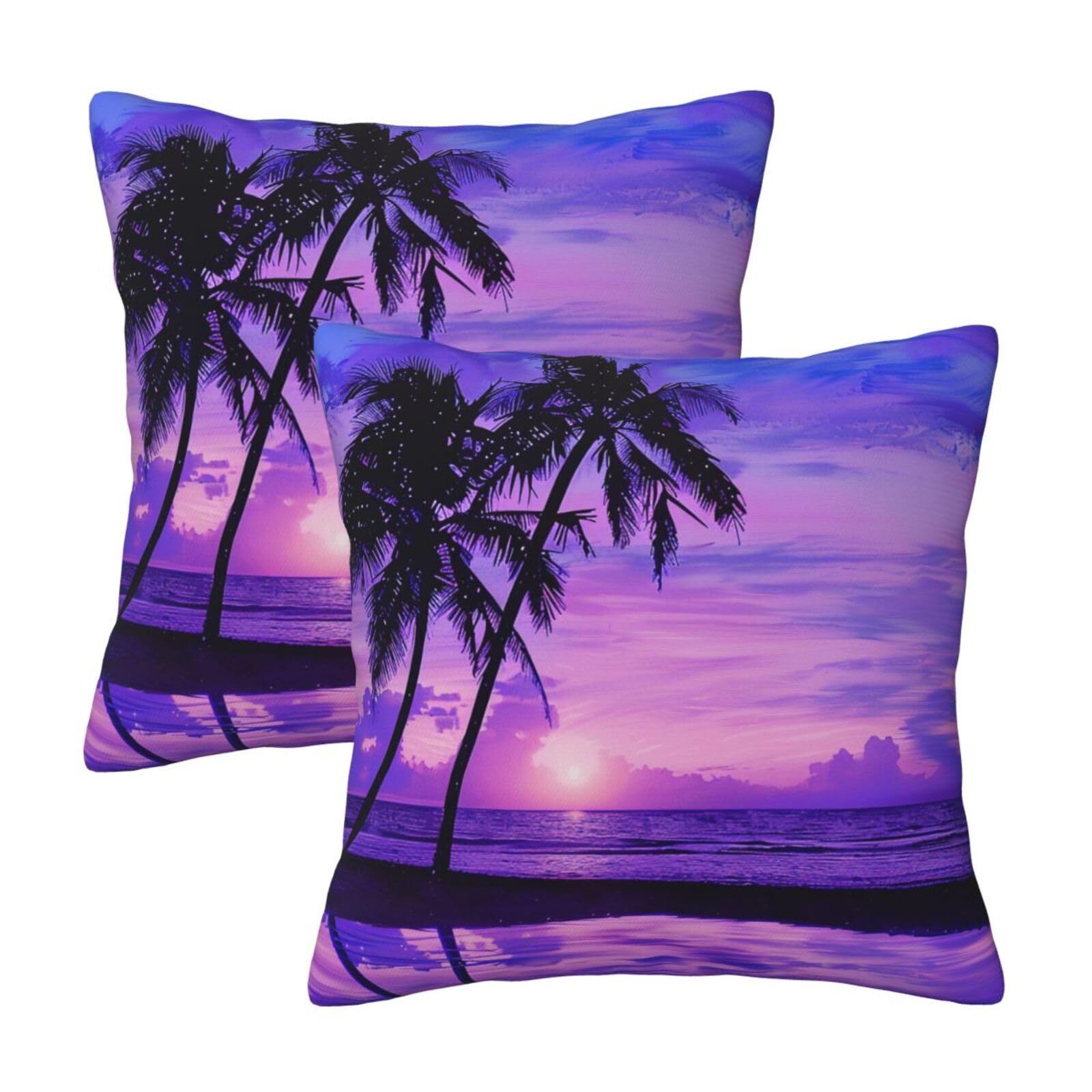 Palm Tree Purple Sunset Throw Pillow Cases 2 Pack Square Pillowcases Soft Pillow Protectors for Couch Livingroom Sofa Bed Office Car,30x30 CM