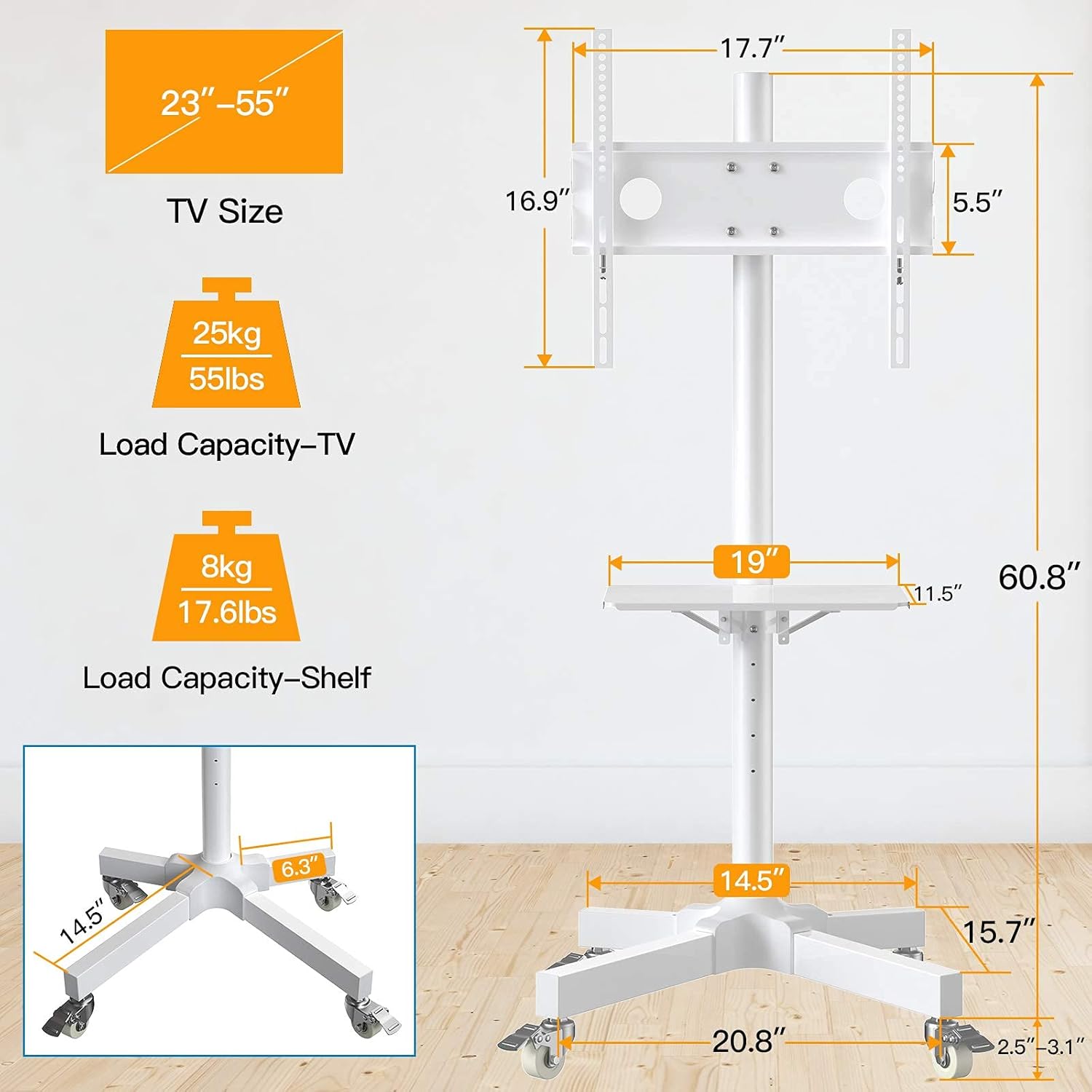 Mobile TV Cart w/Wheels for 23 to 55 inch LCD LED 4K Flat Curved Screen TVs, Height Adjustable Shelf Trolley Floor Stand Holds up to 55lbs, Monitor Holder w/Tray Max VESA 400x400mm PSTVMC04W White : Office Products