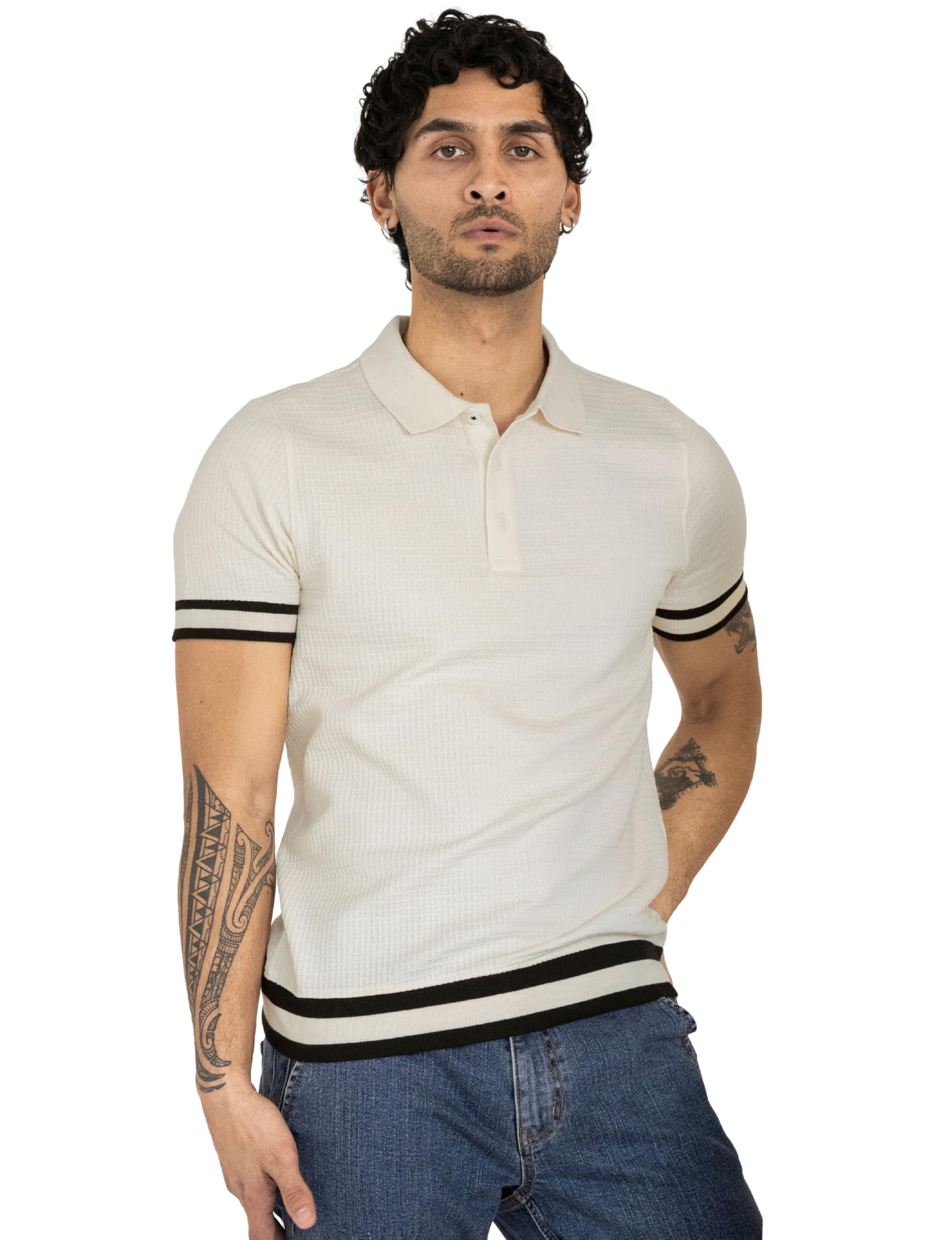 Enorsia Men's White Premium Polo Shirt With Stripe Rib - Uk M