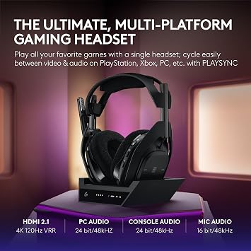 سماعة الألعاب اللاسلكية متعددة المنصات Logitech G Astro A50 X + المحطة الأساسية لأجهزة PS5/Xbox/PC: محول الفيديو والصوت PLAYSYNC،HDMI 2.1 4K 120 هرتز VRR،lt؛24 بت/48 كيلو هرتز، بطارية 24 ساعة، 2.4 جيجا هرتز وBT - أسود