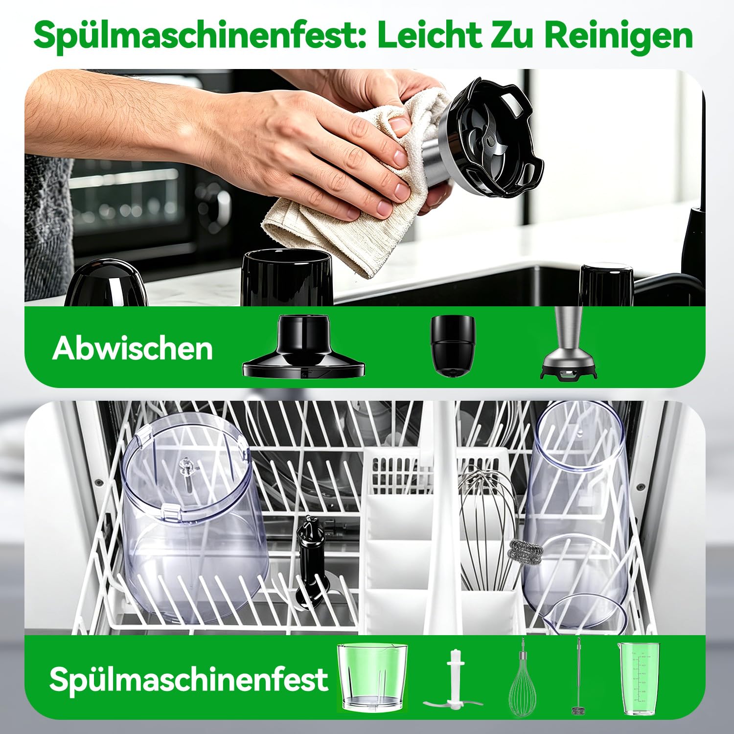 BESROY Stabmixer Set 5 in 1, 1100W Pürierstab Elektrisch, Edelstahl Hand Blender inkl. Häcksler, Schneebesen, Milchaufschäumer & Messbecher