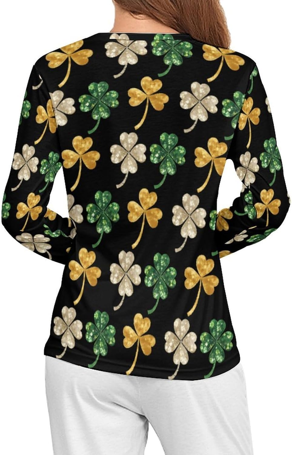 Glitter Shamrock Four Leaf Women's Pajama Top Sleepwear Pajamas Sleep T-Shirt Long Sleeve Shirt Crewneck Tee