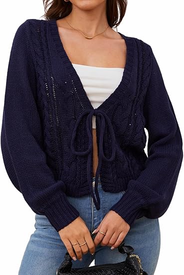 SOLY HUX Cardigan Sweaters for Women Cropped Tie Front Bow Lightweight Cardigan Long Sleeve Trendy Fall Shrugs