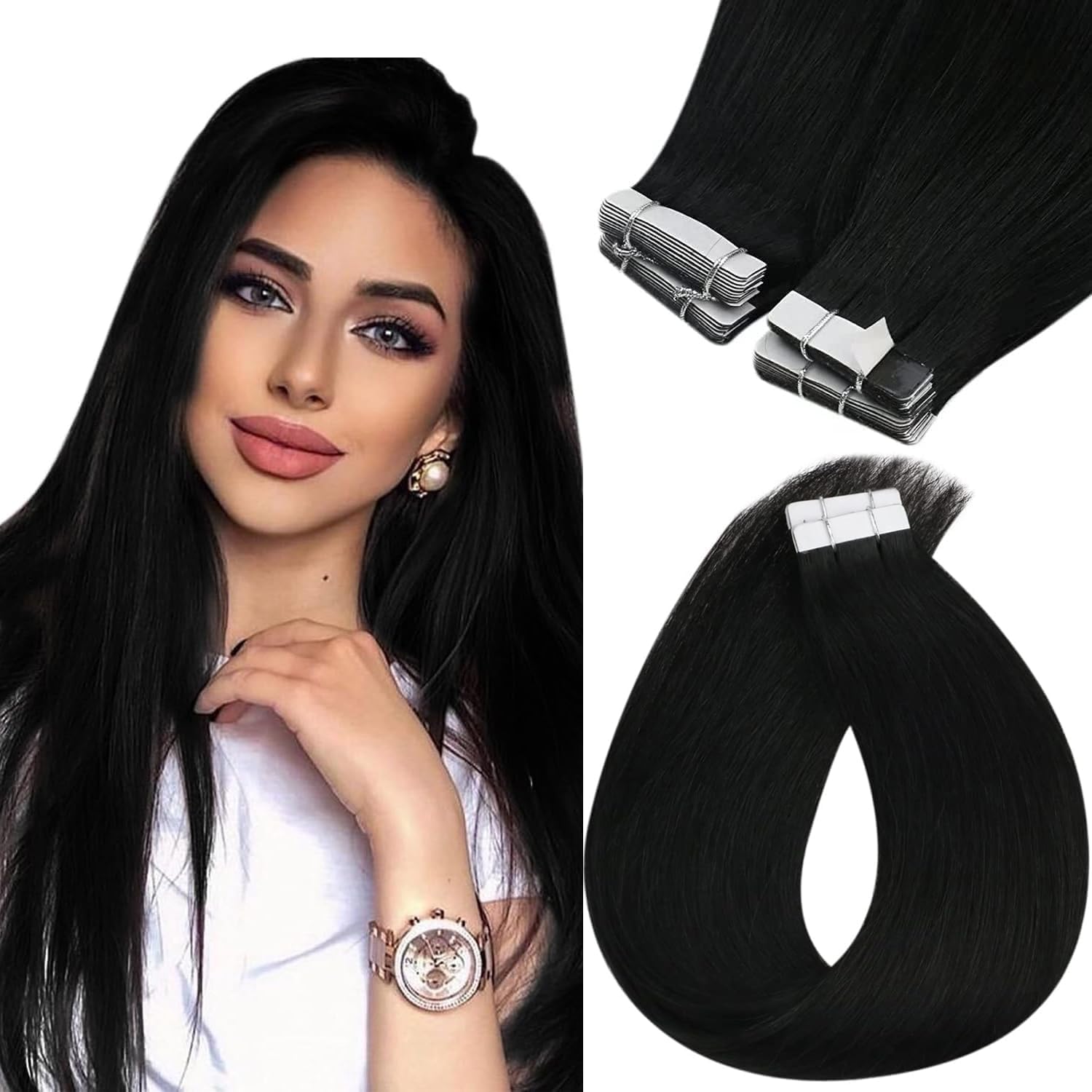 Sunny Hair Tape in Hair Extensions Human Hair 24inch Hair Extensions Real Human Hair Tape in Extensions for Women Jet Black Invisible Remy Hair Natural Straight Skin Weft Double Sided Tape 40pcs 100g