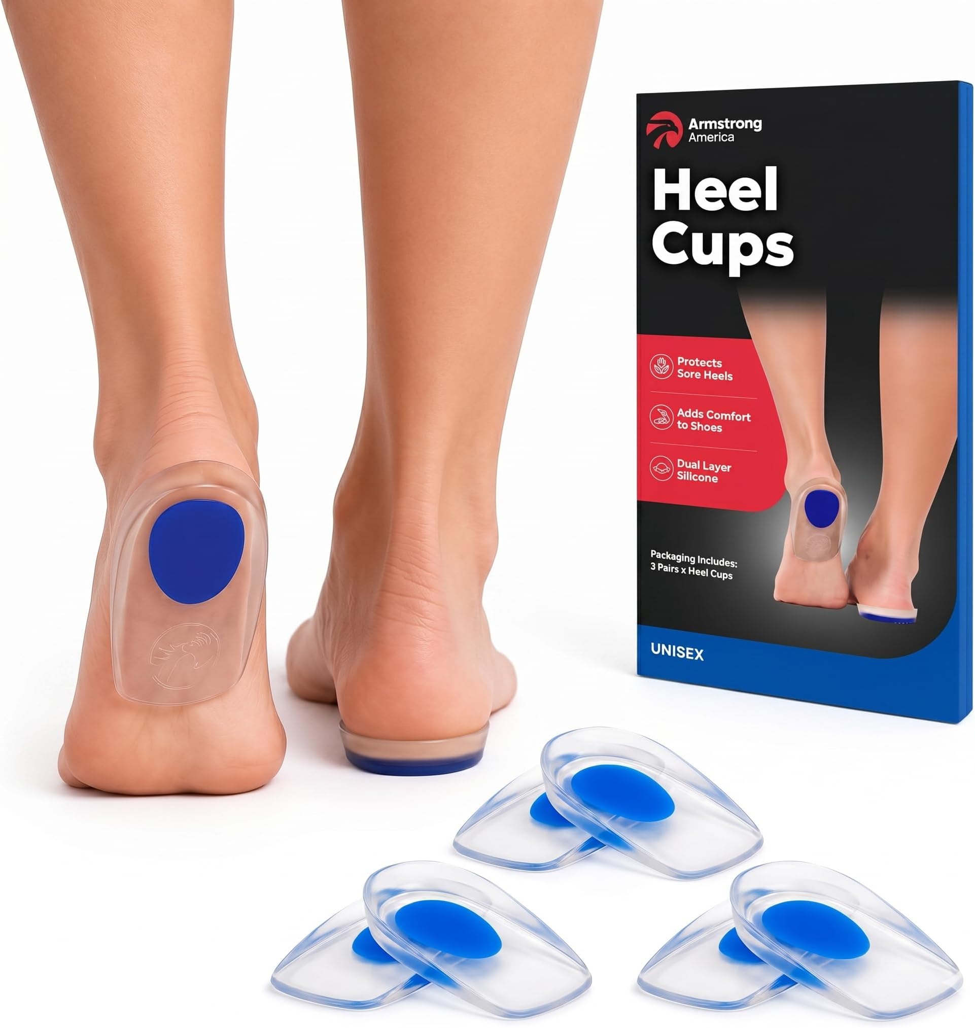 Plantar Fasciitis Heel Cups for Pain Relief - Gel Heel Pads for Shoes - Silicone Cushions for Bone Spur Relief - Protector Insoles - Sore Heels - Shoe Inserts for Women & Men (Large 3-Pairs)