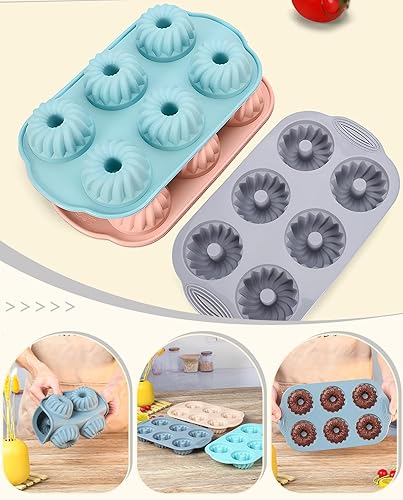 Miniatura 4 de Jello Molds - 3 moldes de silicona para tartas de tubo estriado, 6 cavidades Heritage Bundtlette molde de silicona para hornear moldes
