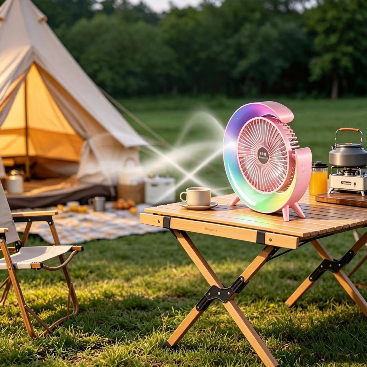 Small Quiet Desk Fan Rechargeable, Portable USB Table Fan with 5 Light Modes, 3-Speed 180° Rotation, Mini Desktop Personal Cooling Fans For Office Bedroom Kitchen Camping Dorm, Pink-B