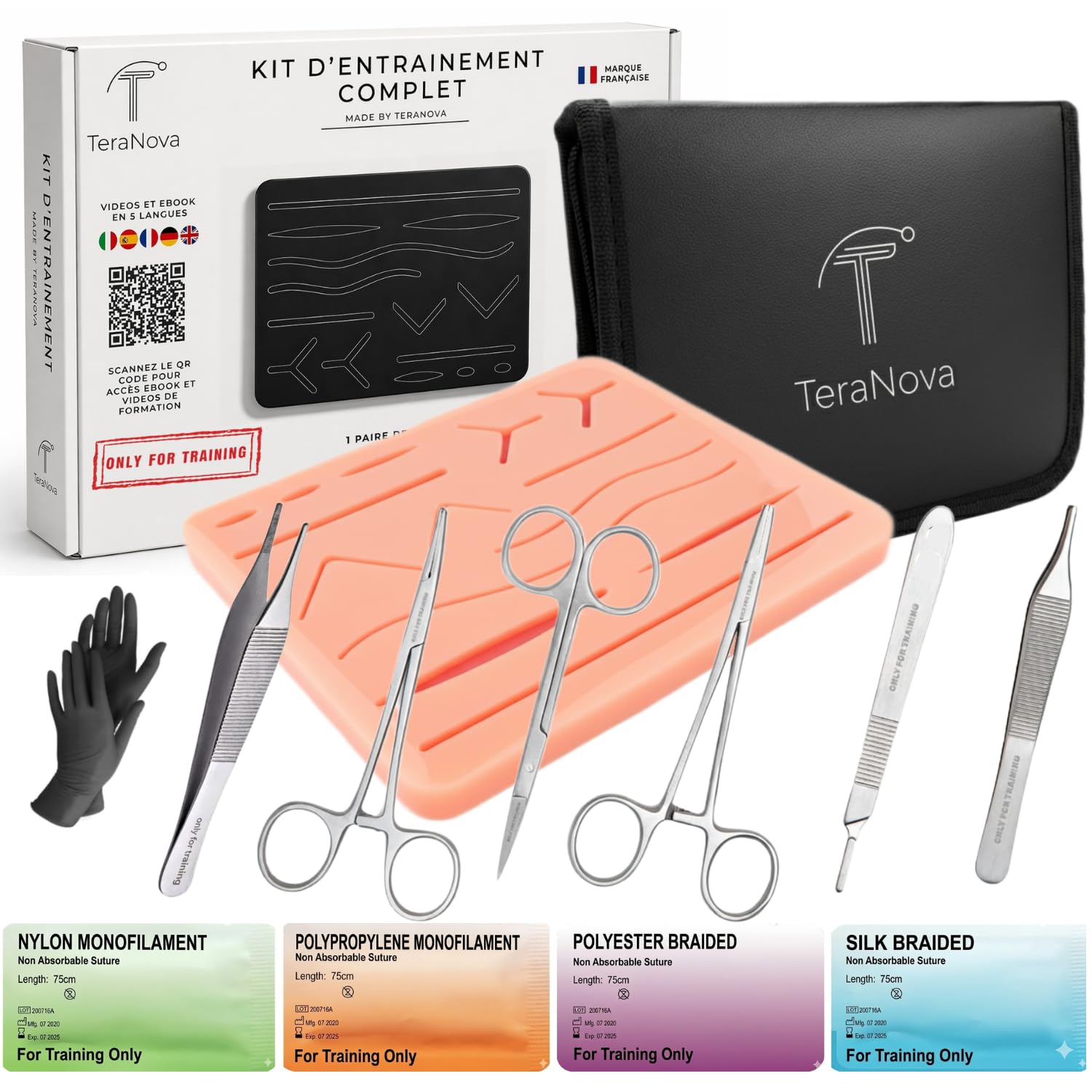 Kit entraînement suture geste technique étudiant, kit pédagogique, kit d’entraînement complet avec 6 outils et 24 fils, simulateur réutilisable, cours vidéo et eBook inclus
