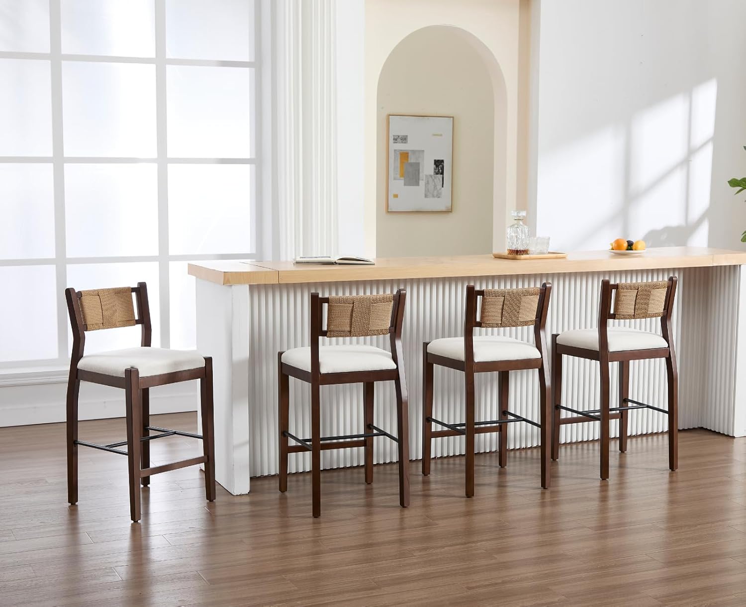 CIMOTA Rattan Counter Height Bar Stools Set of 4, 26" Boho Barstools with Woven Backs, Mid Century Walnut Wood Bar Stool Chairs Sherpa Upholstered Counter Stools for Kitchen Island/Counter/Bar,White