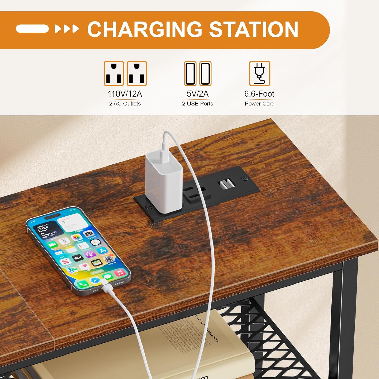 Snughome Entryway Table, Console Table with Charging Station, Industrial Narrow Sofa Table with 5 Tier Storage Shelves, Entrance Table for Hallway, Behind The Couch, Living Room, Foyer