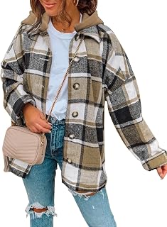 Womens Long Sleeve Button Down Plaid Shirts Flannel Hooded Shacket Jacket Hoodie Coats