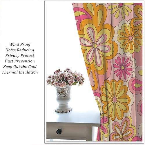 Miniatura 5 de Cortina hippie de mediados de siglo, flores con aspecto de margaritas en estilo abstracto, ondas, retro, años 60, 70, patrón impreso, cortinas de