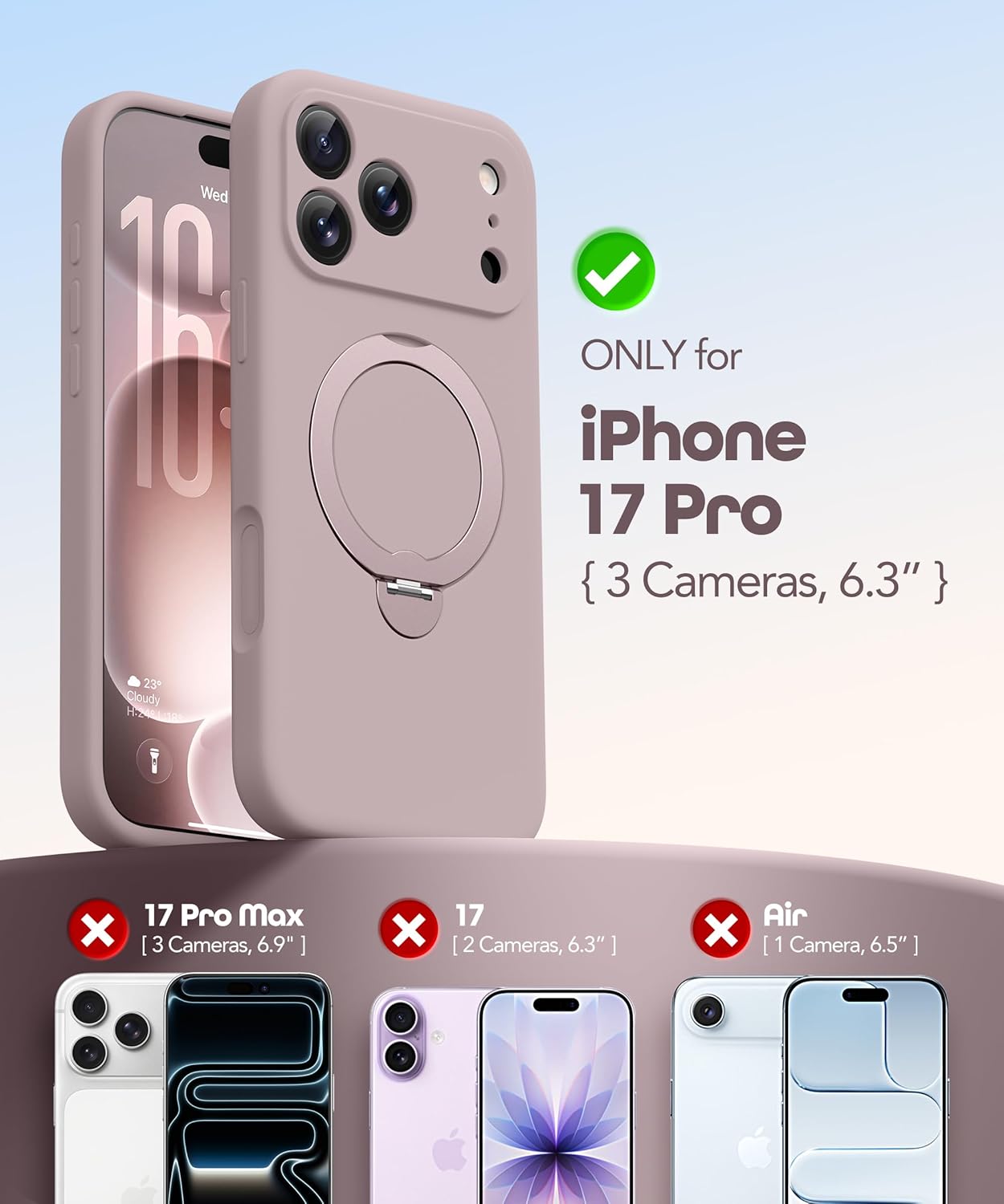 GolbinBox for iPhone 17 Pro Case with 360° Spin Magnetic Stand, [Compatible with MagSafe][Full Camera Protection],Full Body Shockproof Liquid Silicone Case with Ring Stand for 17 Pro 6.3'', Light Taro - Image 2