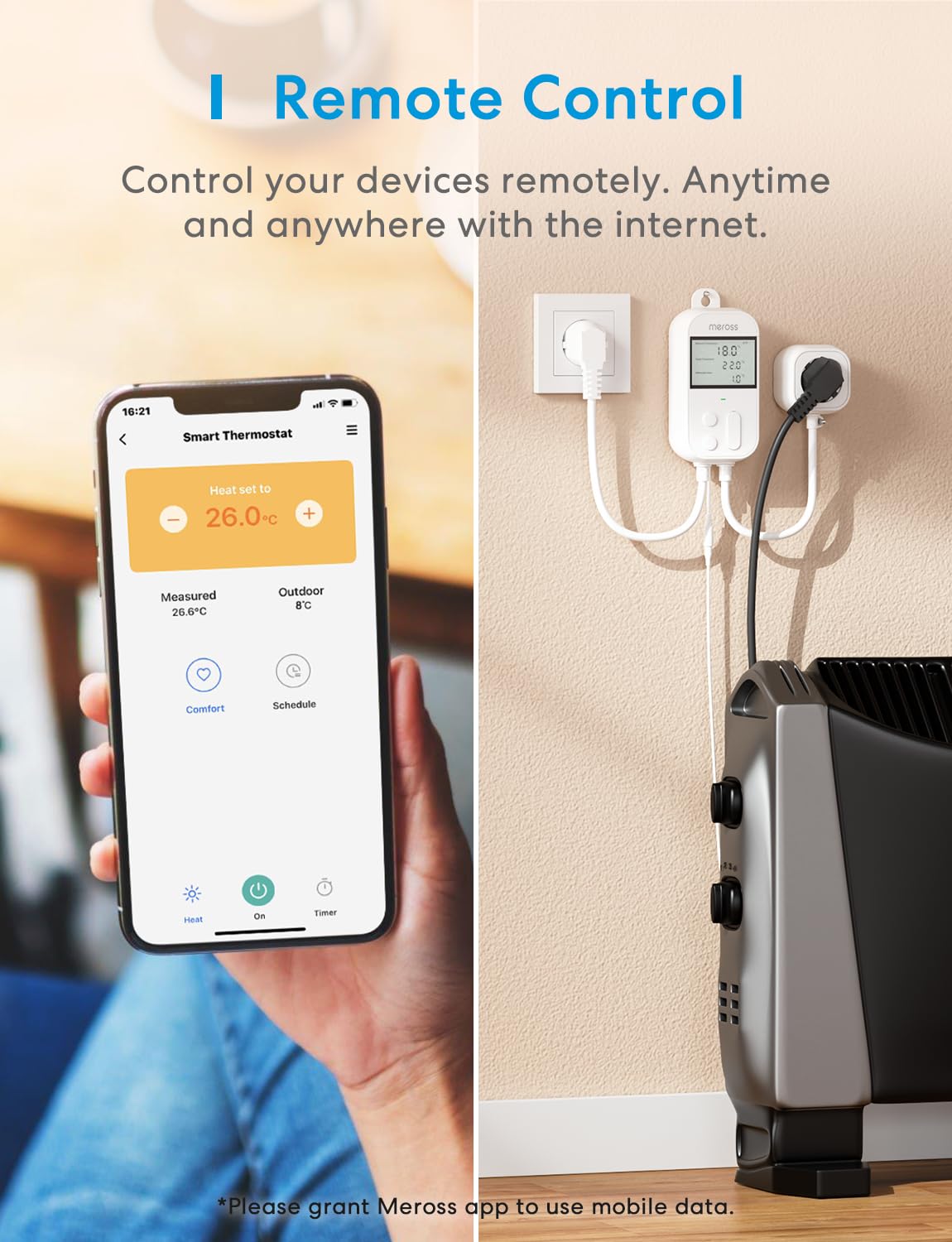 Meross Prise Thermostat Connectée, 16A 3680W Régulateur de Température WiFi pour Chauffage et Refroidissement, Compatible avec HomeKit, Alexa et Google Home, Commande Vocale et Contrôle à Distance