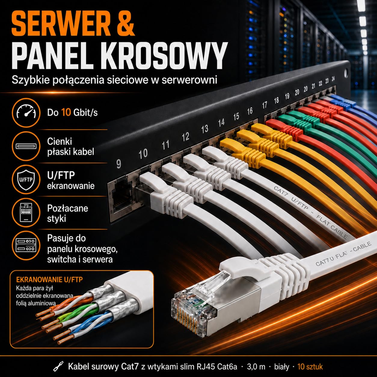 1aTTack.de 10m - szary - 10 sztuk Płaski kabel CAT.7 Gigabit Ethernet LAN (RJ45) surowy kabel sieciowy (10 Gbit/s) cienki płaski kabel instalacyjny kompatybilny z Cat.5 - Cat.5e - Cat.6