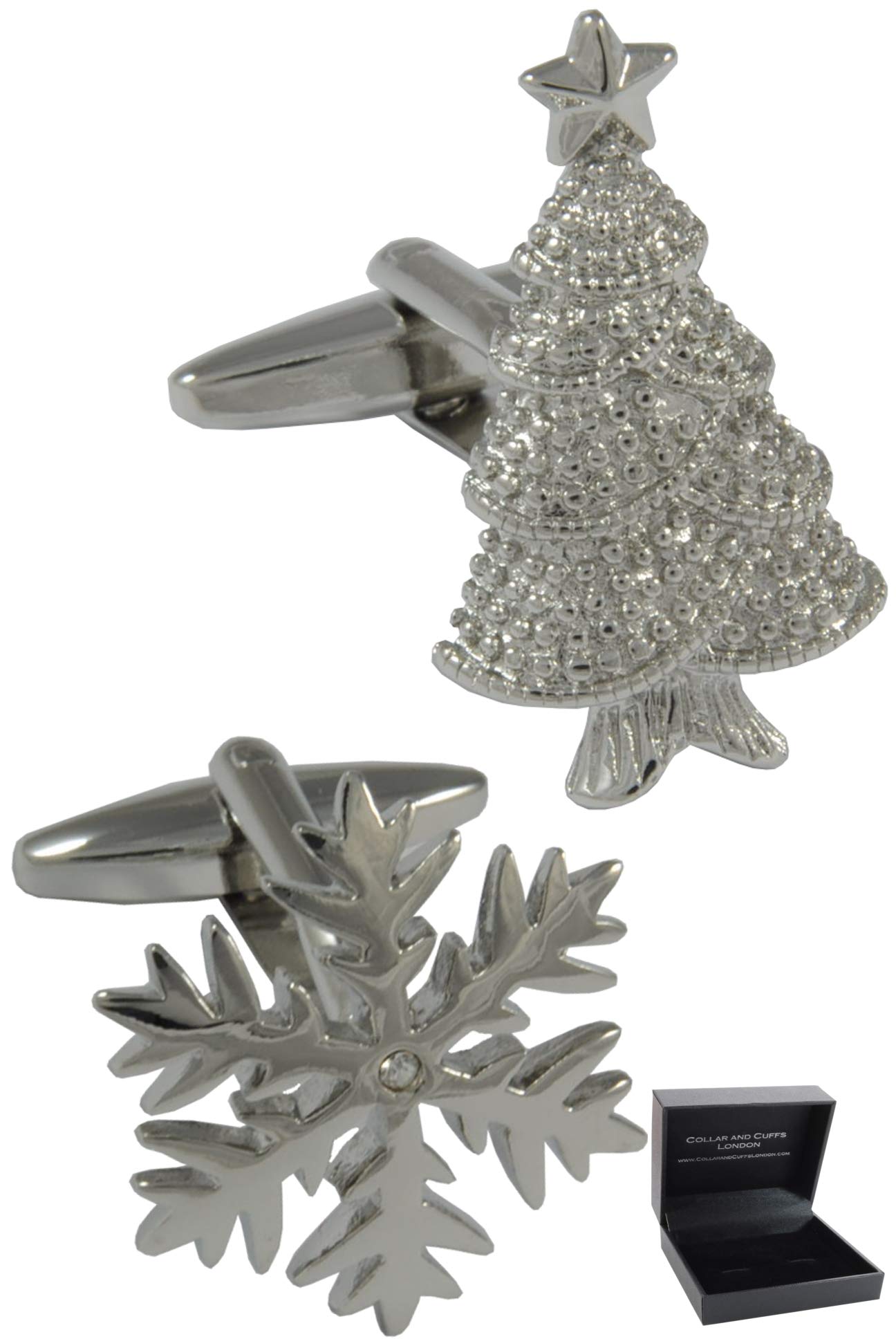 Gemelos Camisa Hombre Navidad - Con Caja - Gemelos para Camisas - Árbol De Navidad y Copo De Nieve - Latón - Color Plata - Un Par