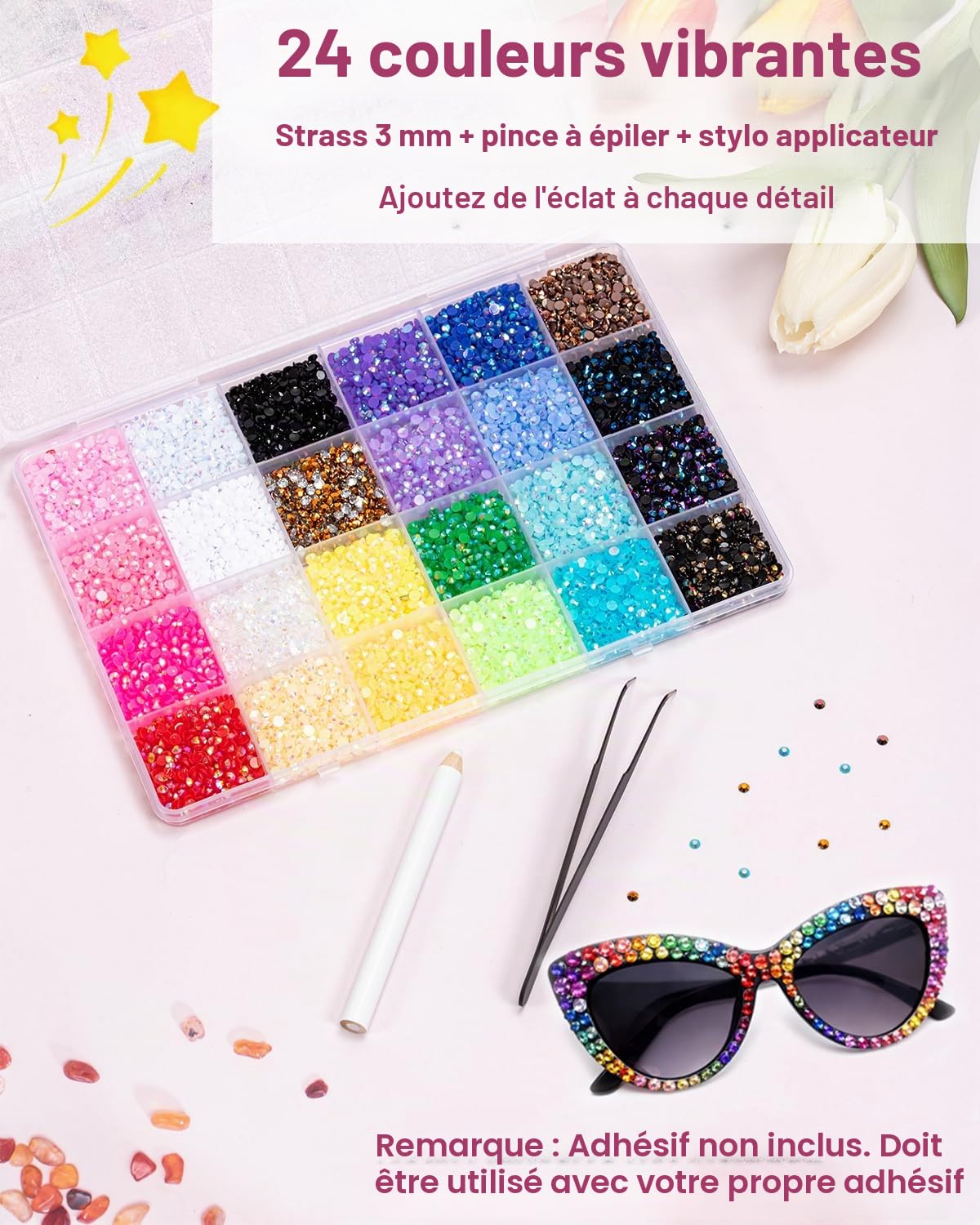 Vinuwu 24 Couleurs Strass, 30000+Pcs 3mm Flatback Bedazzling Kit avec Pince et Stylo, AB Strass a Coller DIY pour Ongles Deco Nail Art Vêtements Chaussures (Colle requise, non incluse)