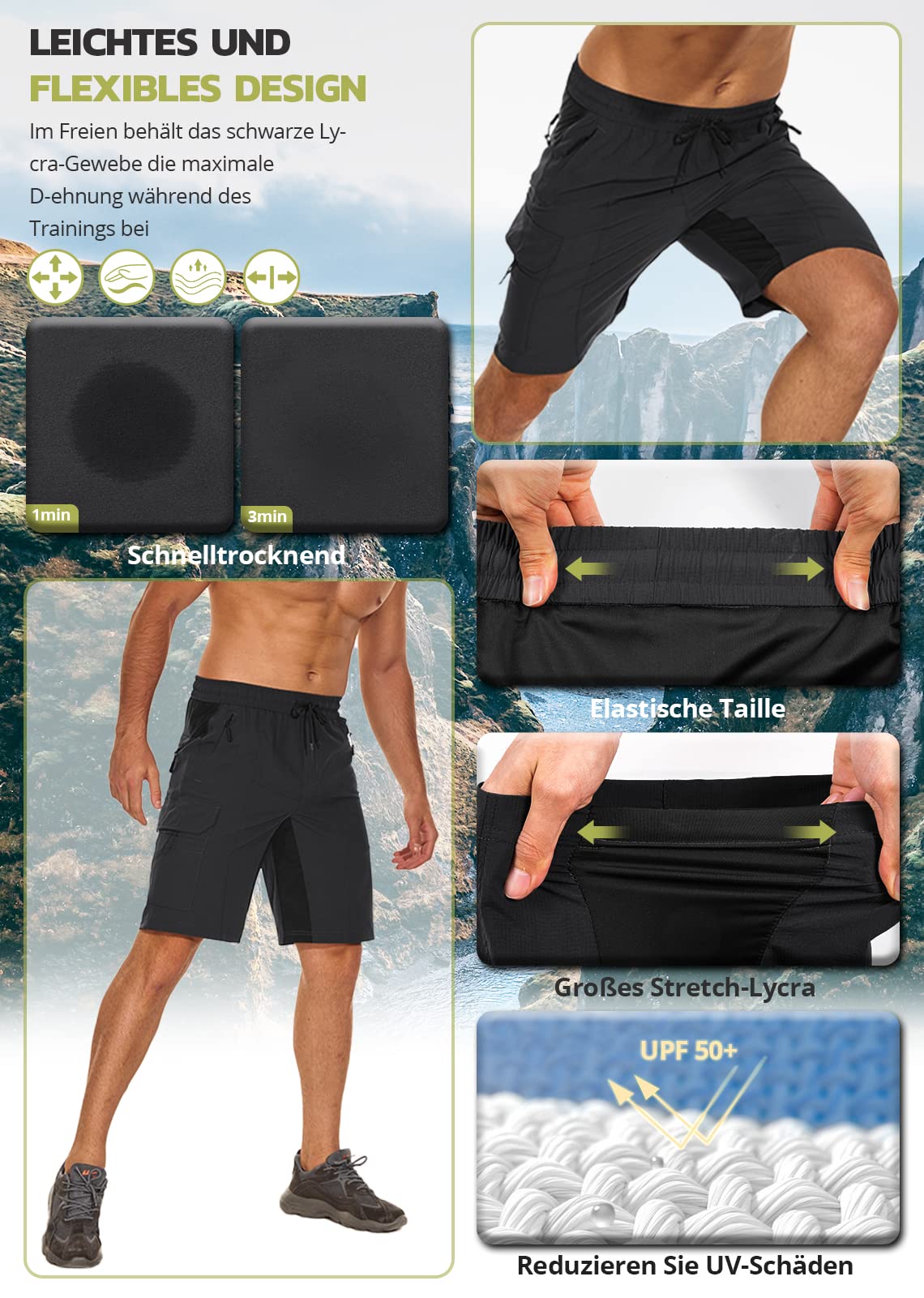 Hiauspor Pantalon de randonnée pour homme - Short de VTT - Léger - Séchage rapide - Avec 5 poches - Pour homme - Pour la randonnée, le plein air, le trekking, l'été, le travail et le sport, Noir , L