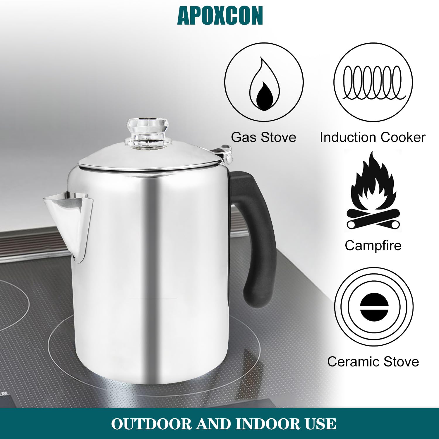APOXCON Percolateur à café en acier inoxydable avec bouton en verre résistant à la chaleur - Cafetière de camping - Utilisation sur n'importe quelle cuisinière - Argenté - 8 tasses