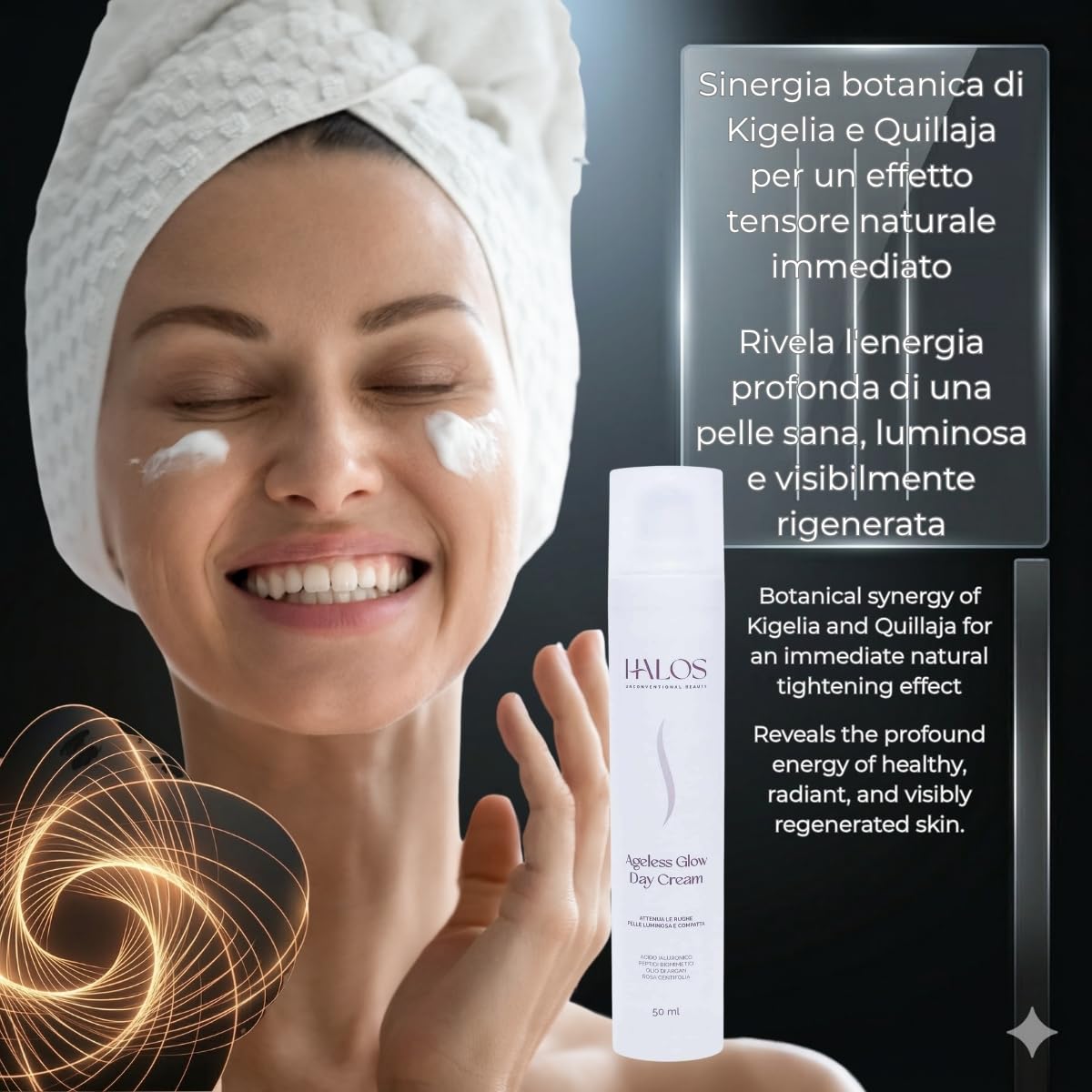 Halos Ageless Glow Day Cream – Crema Giorno Neurocosmetica Acetyl Tetrapeptide-2 e Acido Ialuronico – Antirughe Lifting Naturale e Pro-Age – Airless – Formula Biocompatibile – 50ml