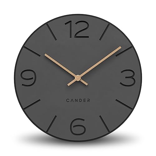 Cander Berlin MNU 2630 Y Wanduhr lautlos ohne Ticken 30 cm analog Wohnzimmer modern Vintage grau schwarz Holzzeiger