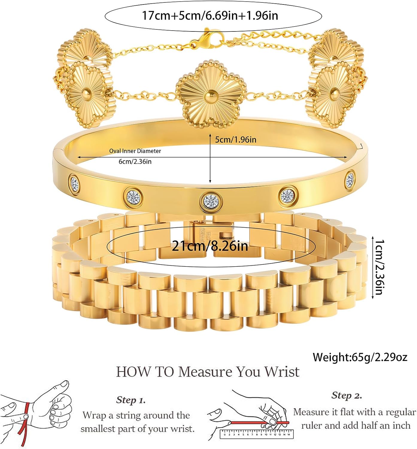 18K Gold Clover Bracelet for Women - Stackable Crystal Love Bangle & Friendship Link Bracelets, Non-Tarnish Stainless Steel Trendy Jewelry Gift with Adjustable Tool - Image 7