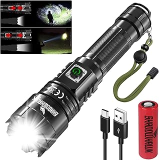 Torches LED Super Bright, 500000 Lumens Rechargeable LED Torch, USB Tactical Flashlight, XHP70.2, IP67 Waterproof, 5 Light Modes Zoomable, for Camping Hiking Emergency