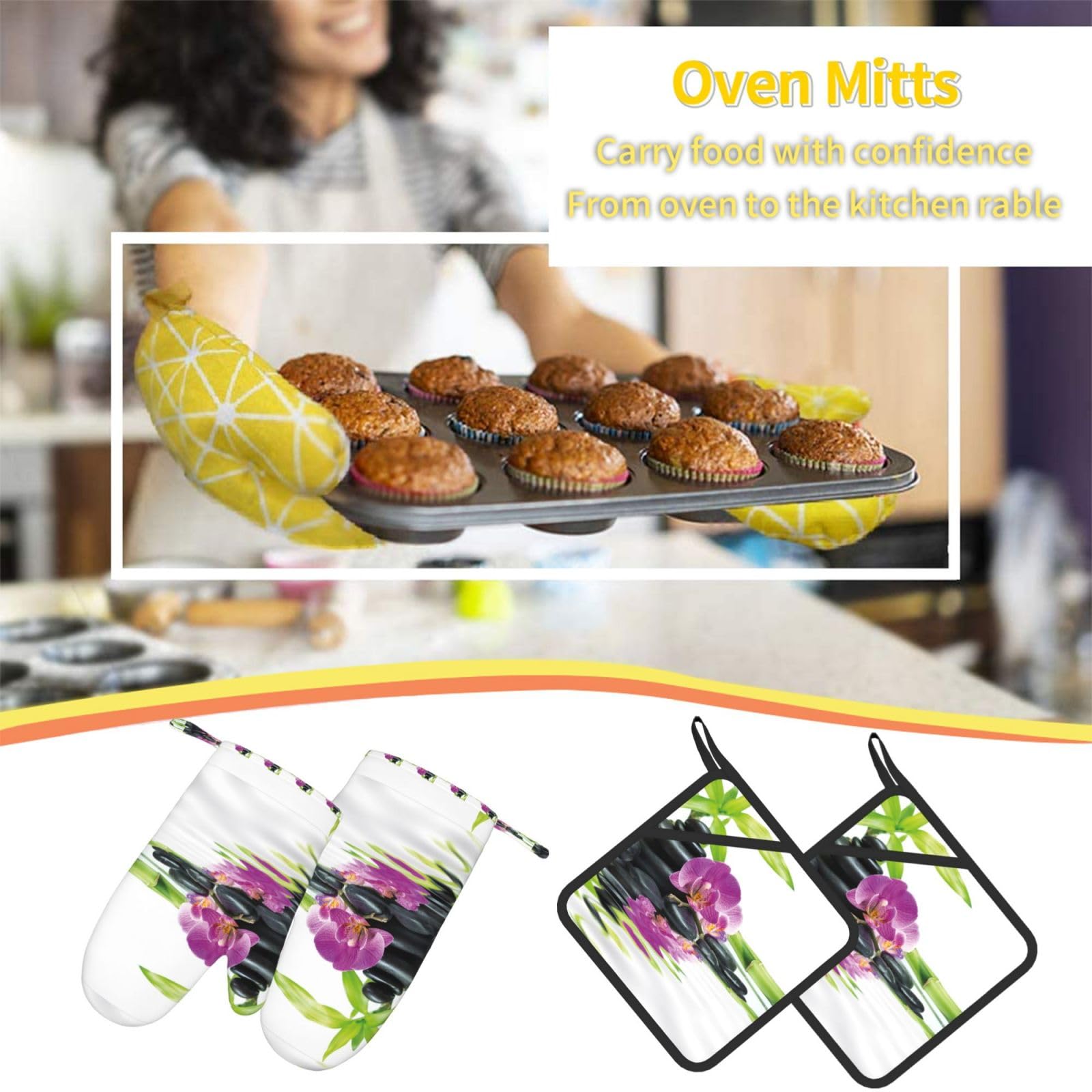 Set di quattro guanti resistenti al calore e presine antiscivolo, guanti da forno, guanti da cucina, benessere asiatico con pietre da massaggio Zen, orchidea viola