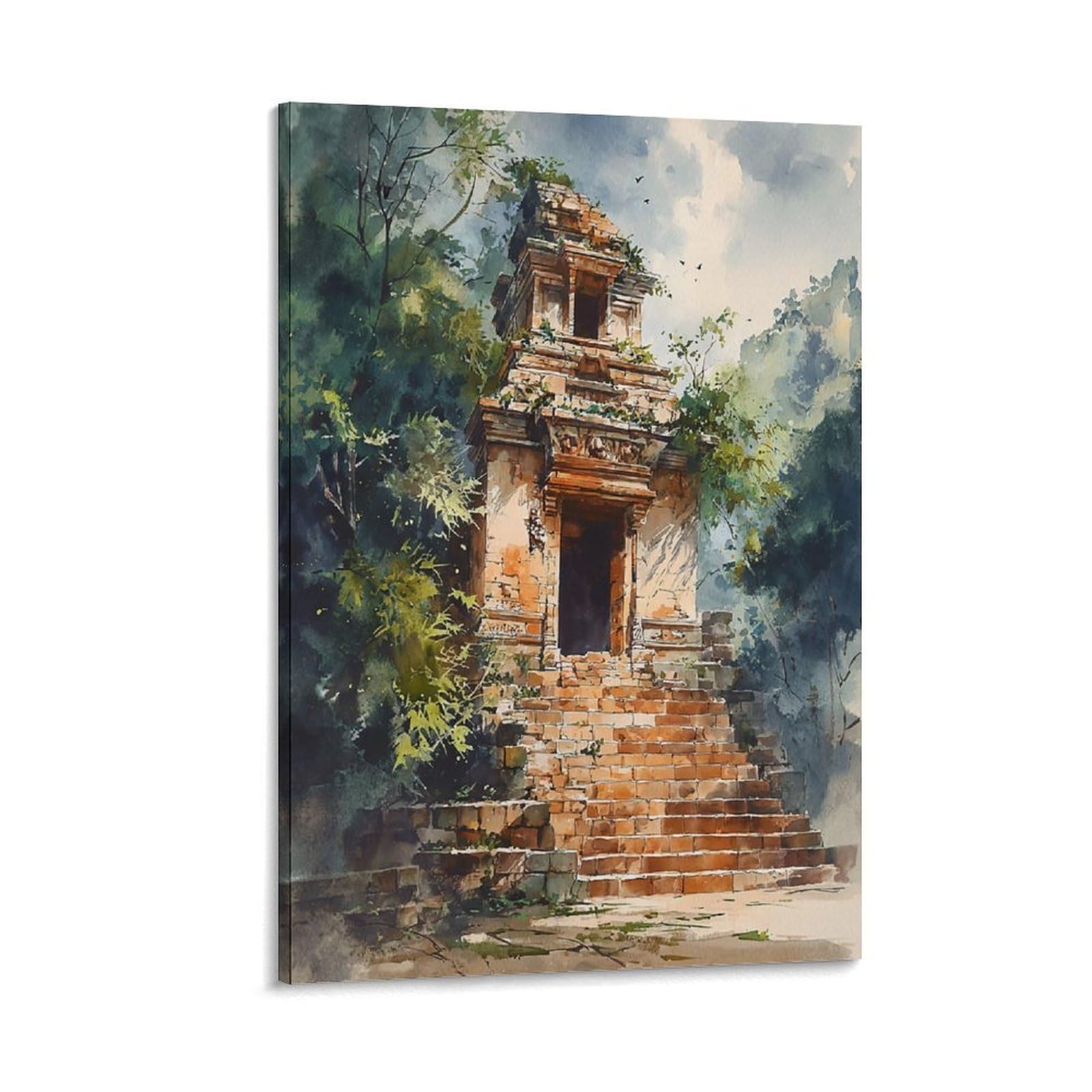 LCYNNH Tikal Maya Jaguar Watercolor 20x30inch(50x75cm) Vintage Travel Poster Watercolor Canvas Art