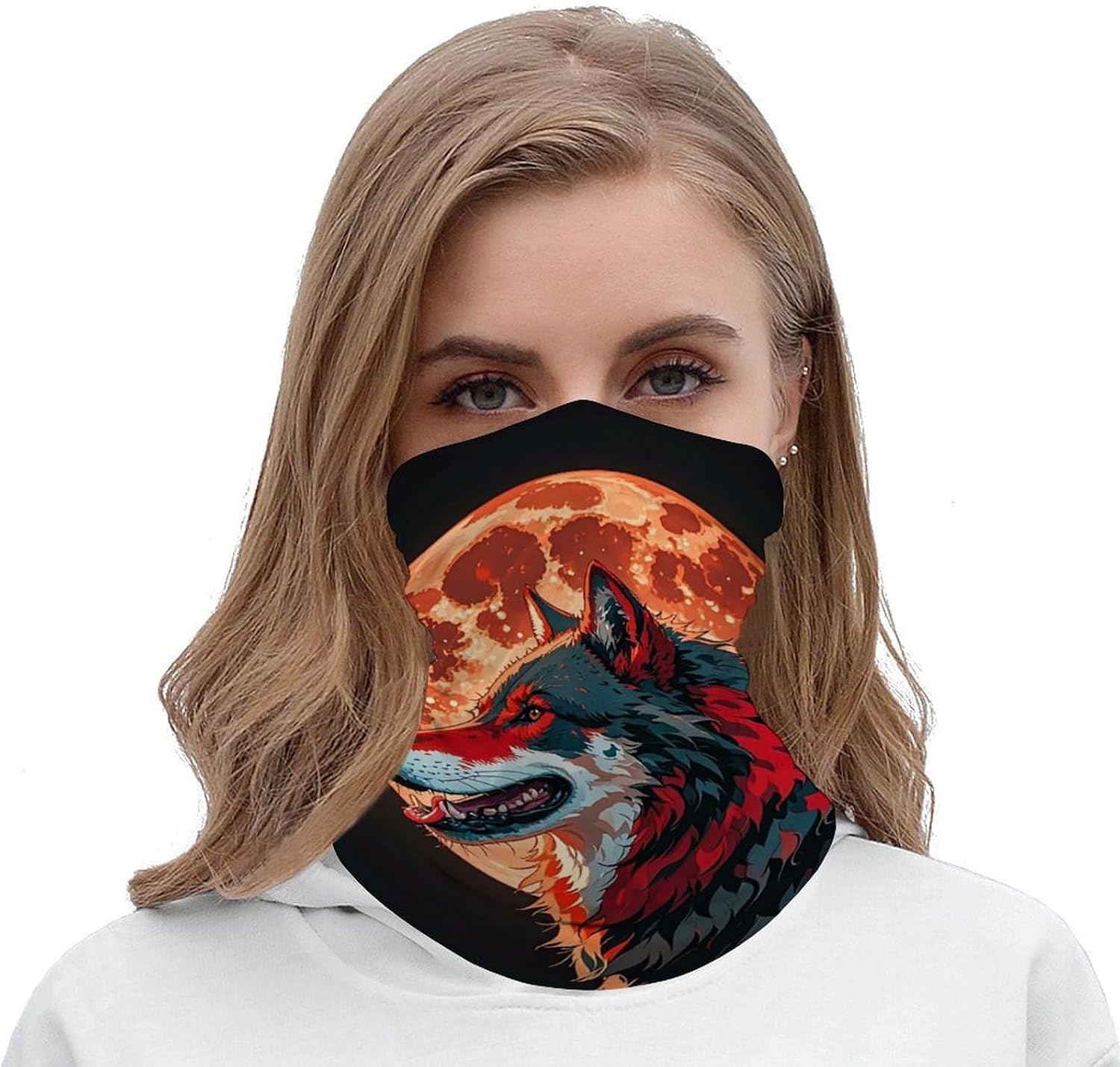 Neck Gaiter Red Moon Outdoor Wolf Face Cover for Men Women Cold Weather Scarf Breathable Face Mask Wind-proof Balaclava Face Mask for Skiing Fishing Hiking Cycling