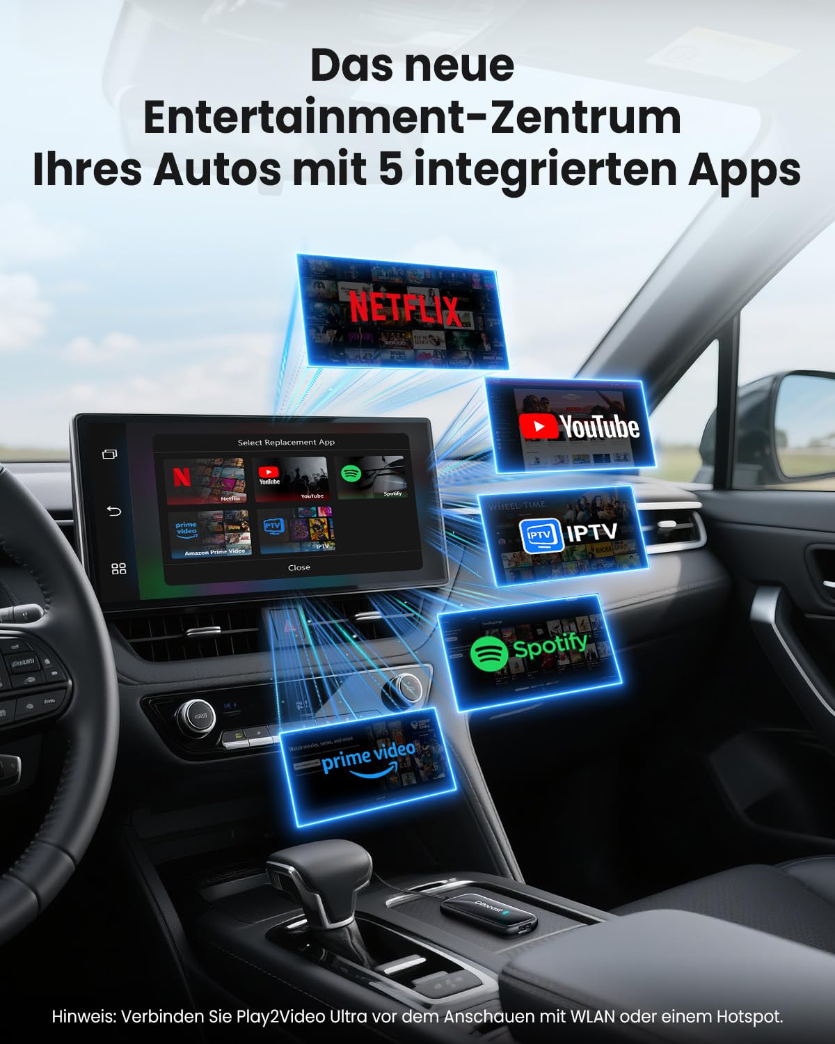 OTTOCAST Play2Video Ultra, 3-in-1 AI Box für Netflix/YouTube/Prime Video Streaming, Kabelloses CarPlay & Android Auto Adapter mit USB-Stick, Dual-Band WLAN, Bluetooth 5.4, 4GB+32GB, Plug & Play