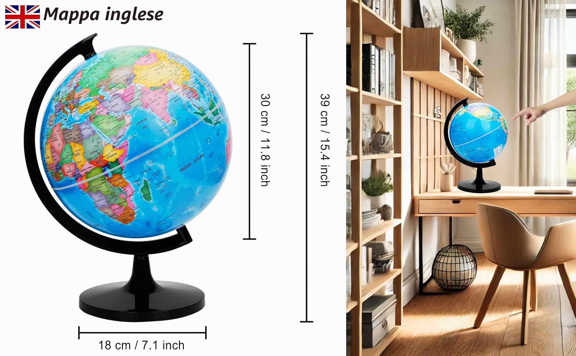 EXERZ 30 cm mappamondo mappa politica English mappamondo scuola e | Large educativo auto Assembled casa e scuola mappamondo geografia Lover Ideale ogni giorno