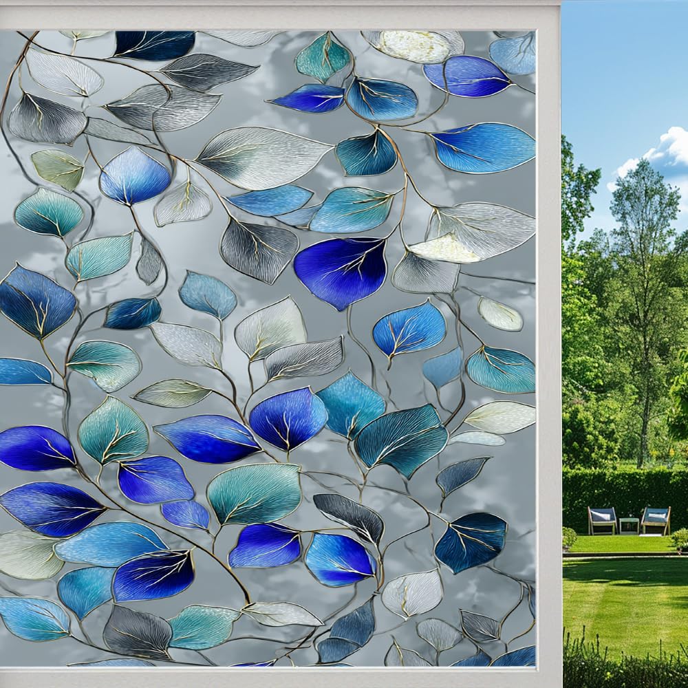 Pmlbaous Abstract Leaves Frosted Window Film, Colorful Natural Plants Stained Glass Privacy Film, Heat Insulation Self-Adhesive Vinyl For Bathroom Office, （80X120cm）