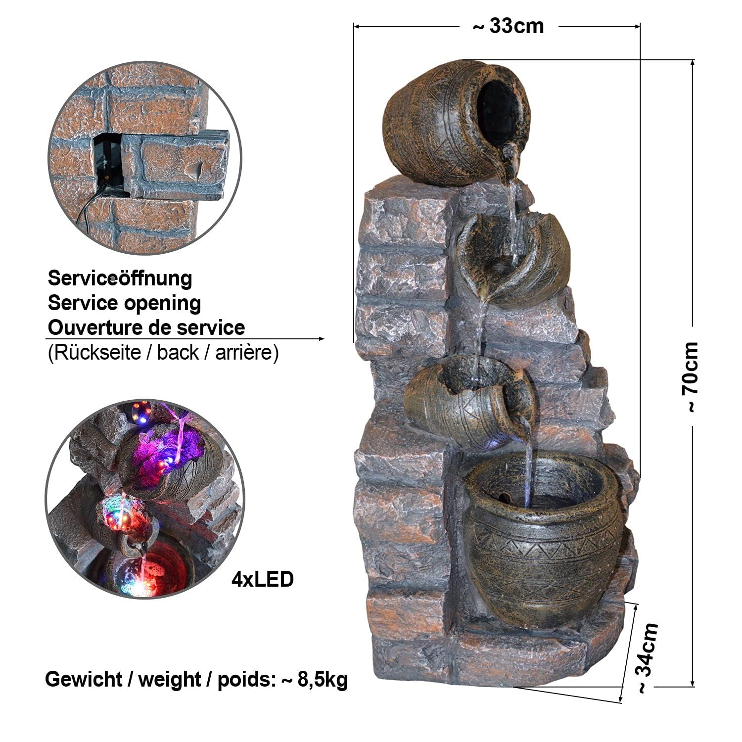 Fontana da giardino, fontana decorativa con illuminazione a cascata, gioco d'acqua per giardino, laghetto, terrazza, laghetto, balcone, molto decorativa – funzionamento a energia solare ibrida