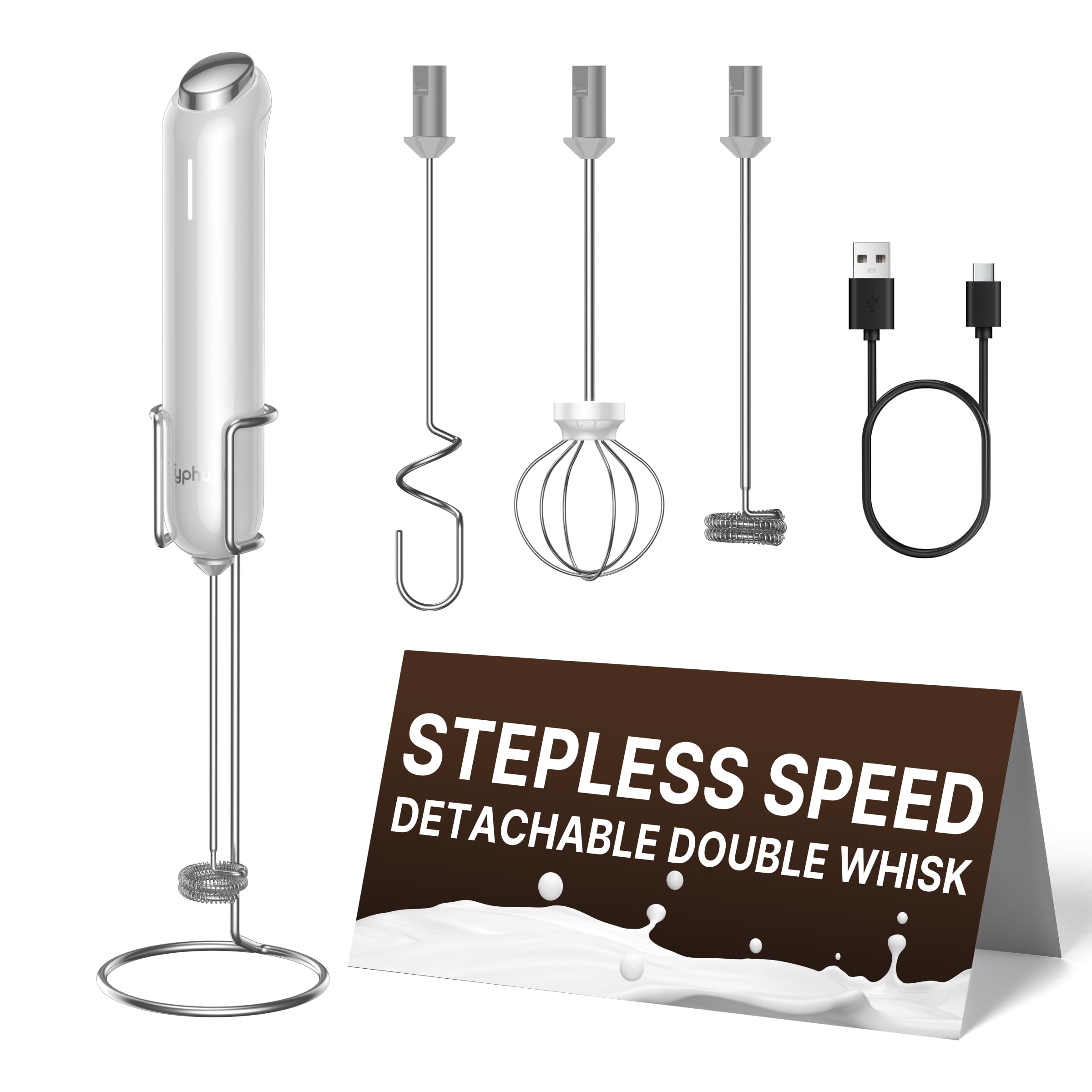 InstaWhisk Mousseur à lait à vitesse variable, rechargeable avec double fouet amovible, mélangeur électrique portatif pour latte, cappuccino, matcha et lait d'amande (blanc)