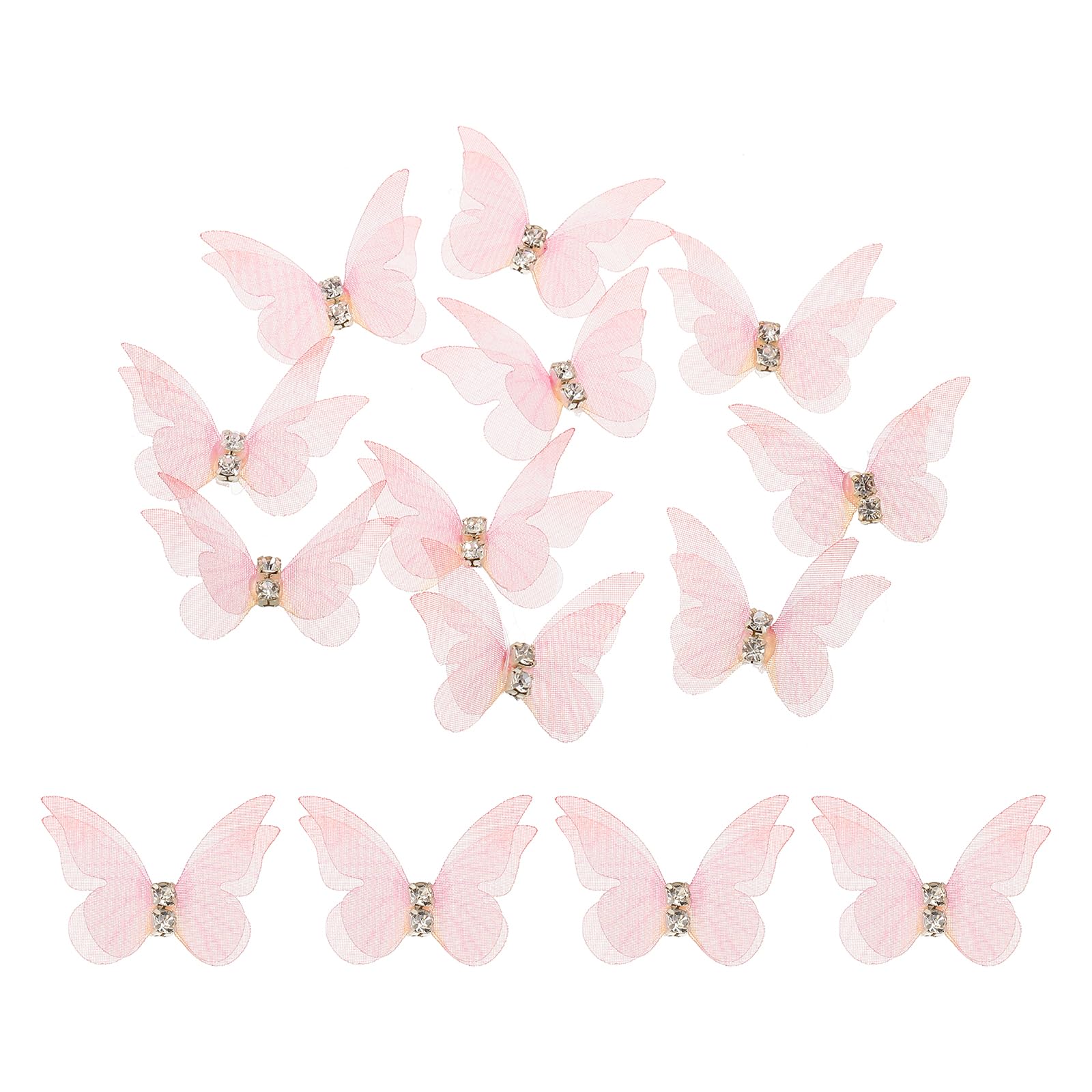 sourcing map 30Pcs Sheer Mesh Butterfly Appliques, 30mm Two Layers Butterflies with Gem Applique Patch DIY 3D Craft Ornament for Wedding Party Home Decor Clothes, Pink