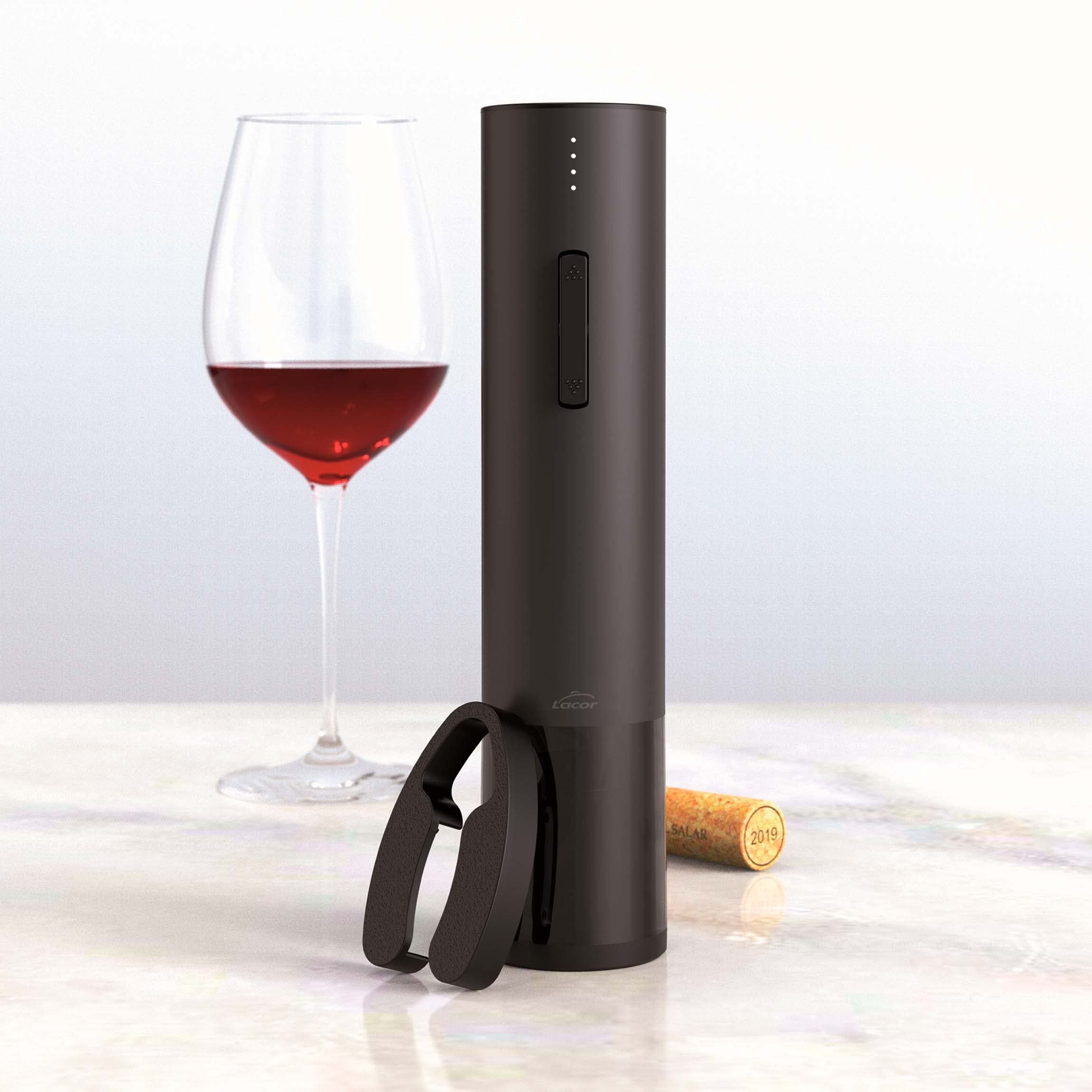 Lacor - 63056 - Tire-bouchon électrique Black Luxe en acier inoxydable, Ouvre-vin automatique, design élégant, moderne et ergonomique, éclairage et indicateur LED, Ø 4,8 x 22 cm, noir mat