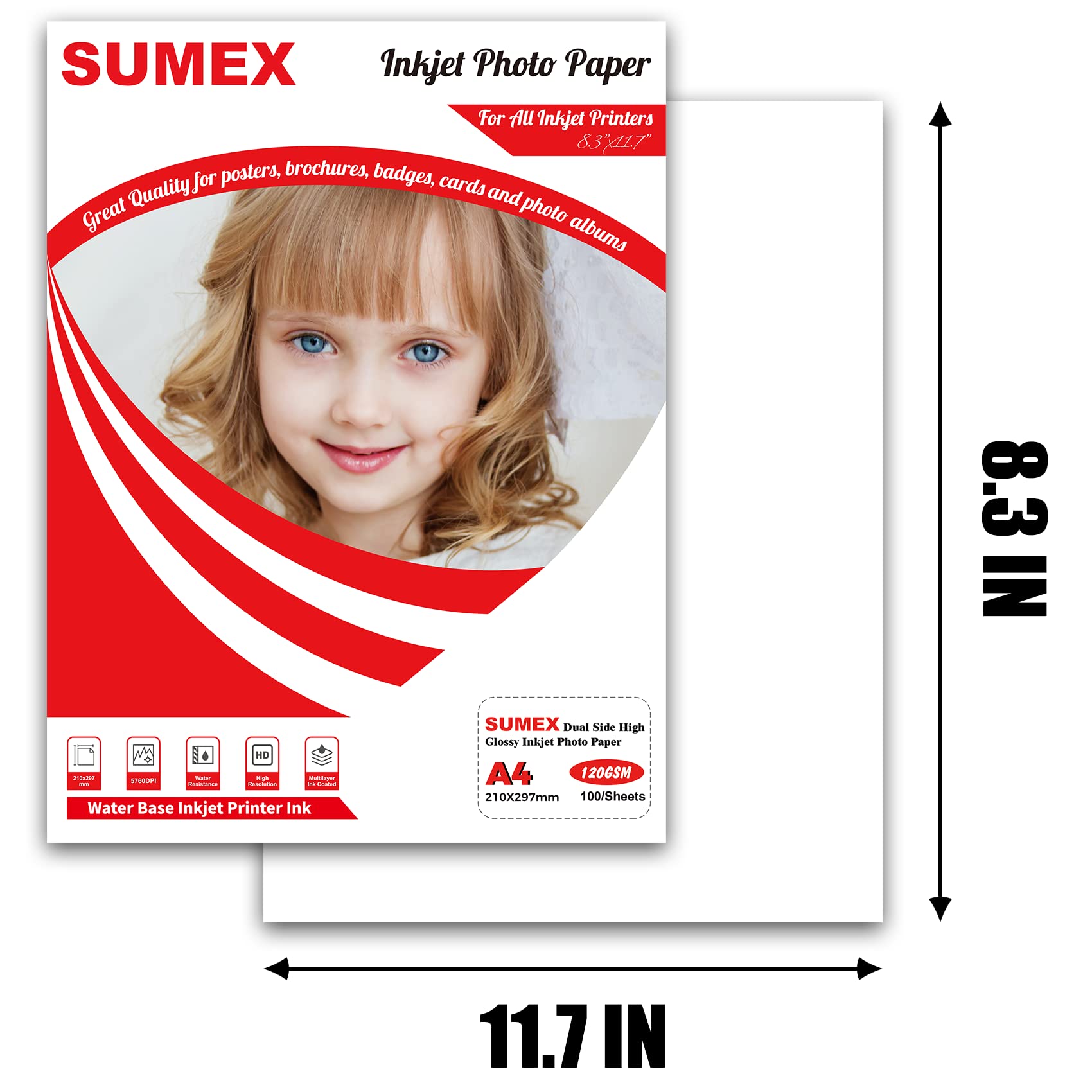 Sumex High Glossy Waterproof Inkjet Photo Paper A4x100 Size 120gsm 210 * 297mm Double Side for Dye Ink Compatiable with All Inkjet Printers - Image 2