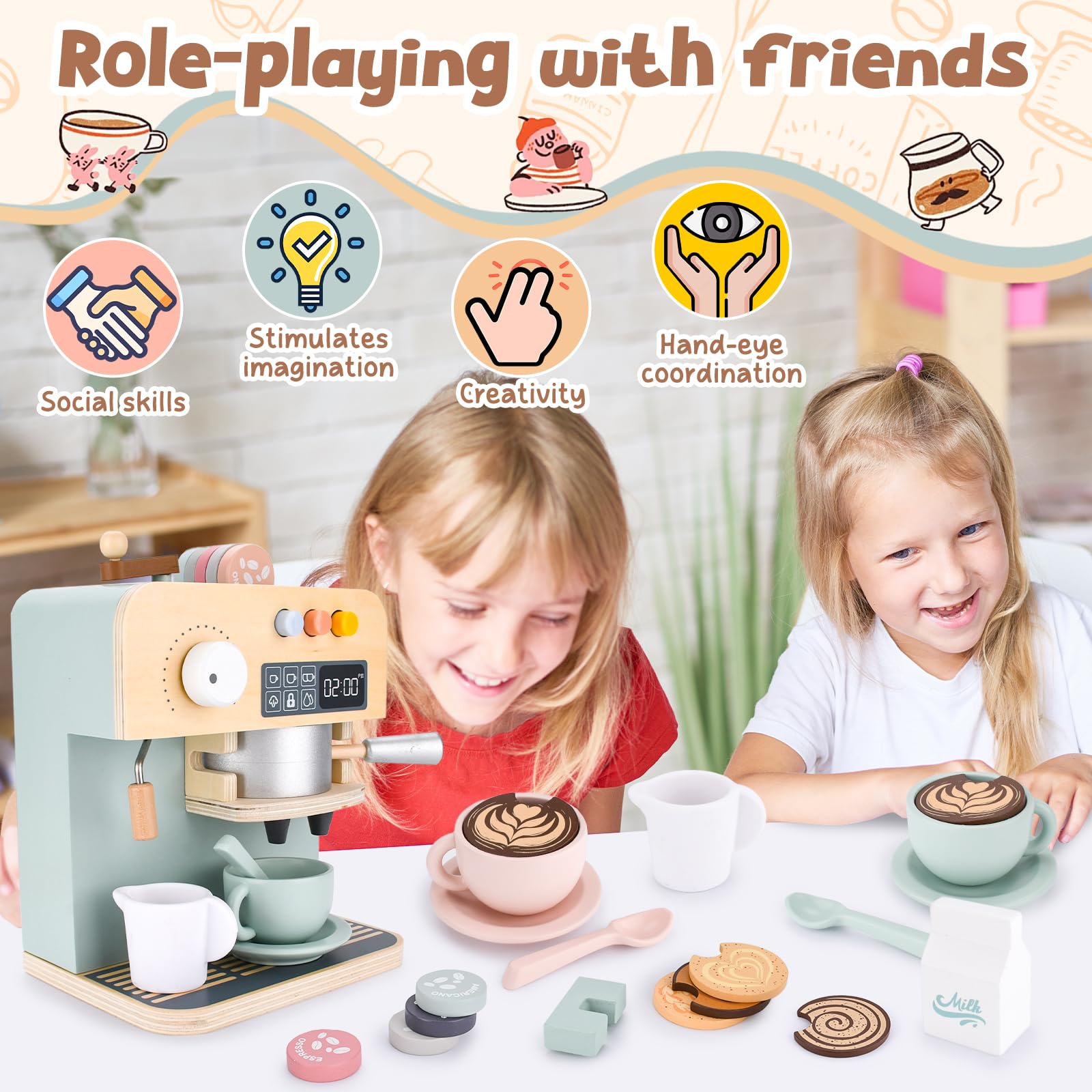 Dorjee - D3.004 - Houten koffiemachine met koffiemolen - bevat accessoires - vanaf 3 jaar