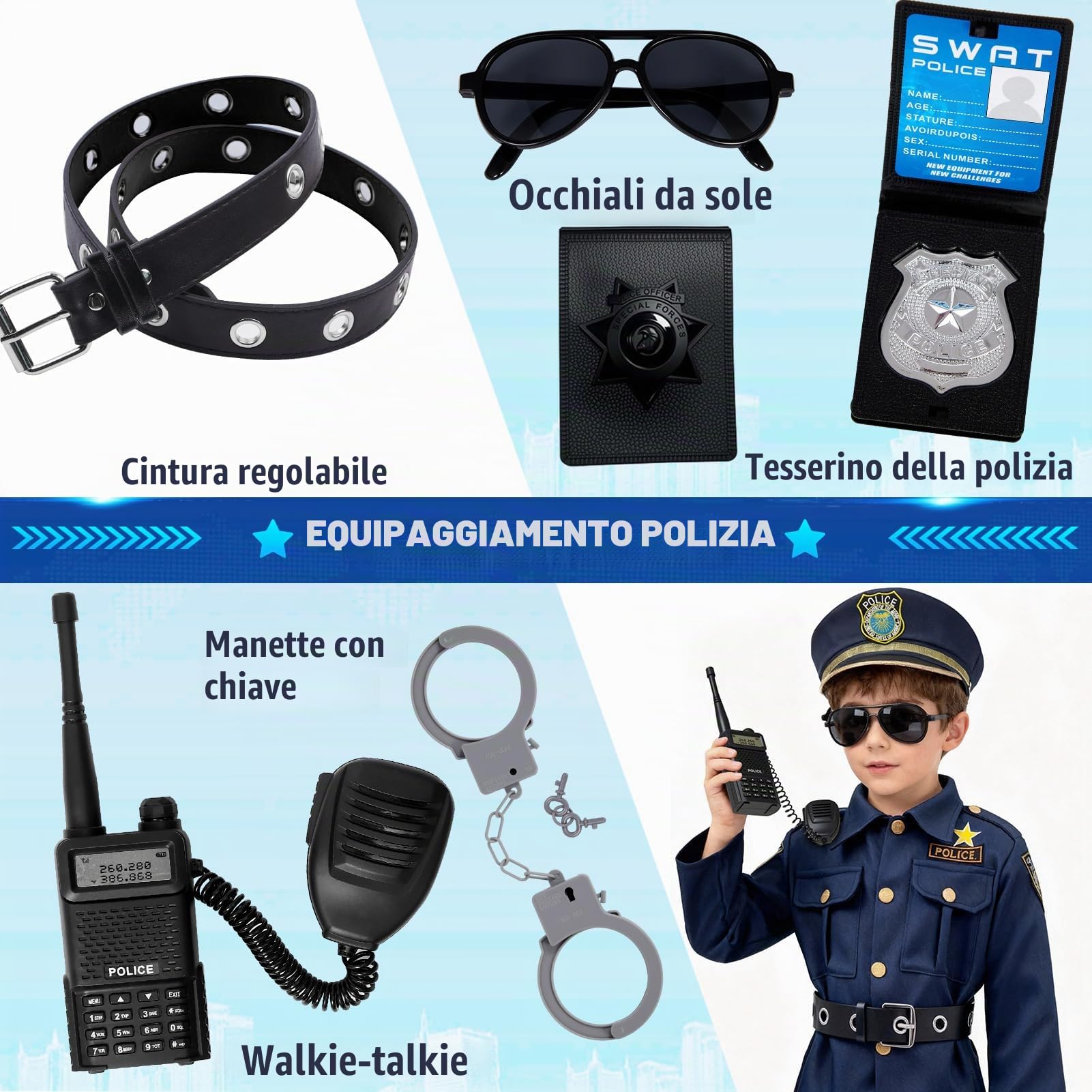 Costume Poliziotto Bambino Vestito Polizia con Cappello Registratore Occhiali da Sole Walkie Talkie Manette Giocattolo Polizia Accessori Costume Halloween Carnevale per Bambini