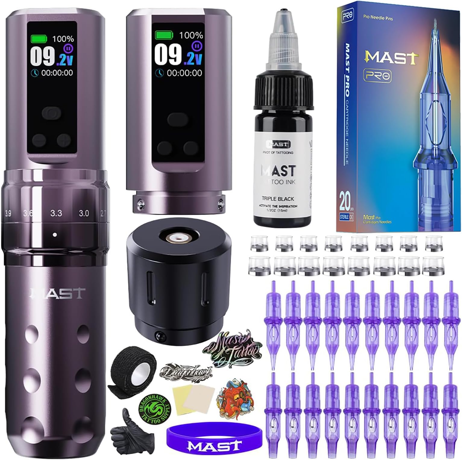 Mast Fold2 Pro Tattoo Kit, Cordless Complete Tattoo Gun Machine Kit, 2 Batteries 2000mAh Power Supply for Long Time, Needles Cartridges Black Tattoo Ink Kit (Pink-Coffee)