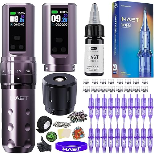 Mast Fold2 Pro Tattoo Kit, Cordless Complete Tattoo Gun Machine Kit, 2 Batteries 2000mAh Power Supply for Long Time, Needles Cartridges Black Tattoo Ink Kit (Pink-Coffee)