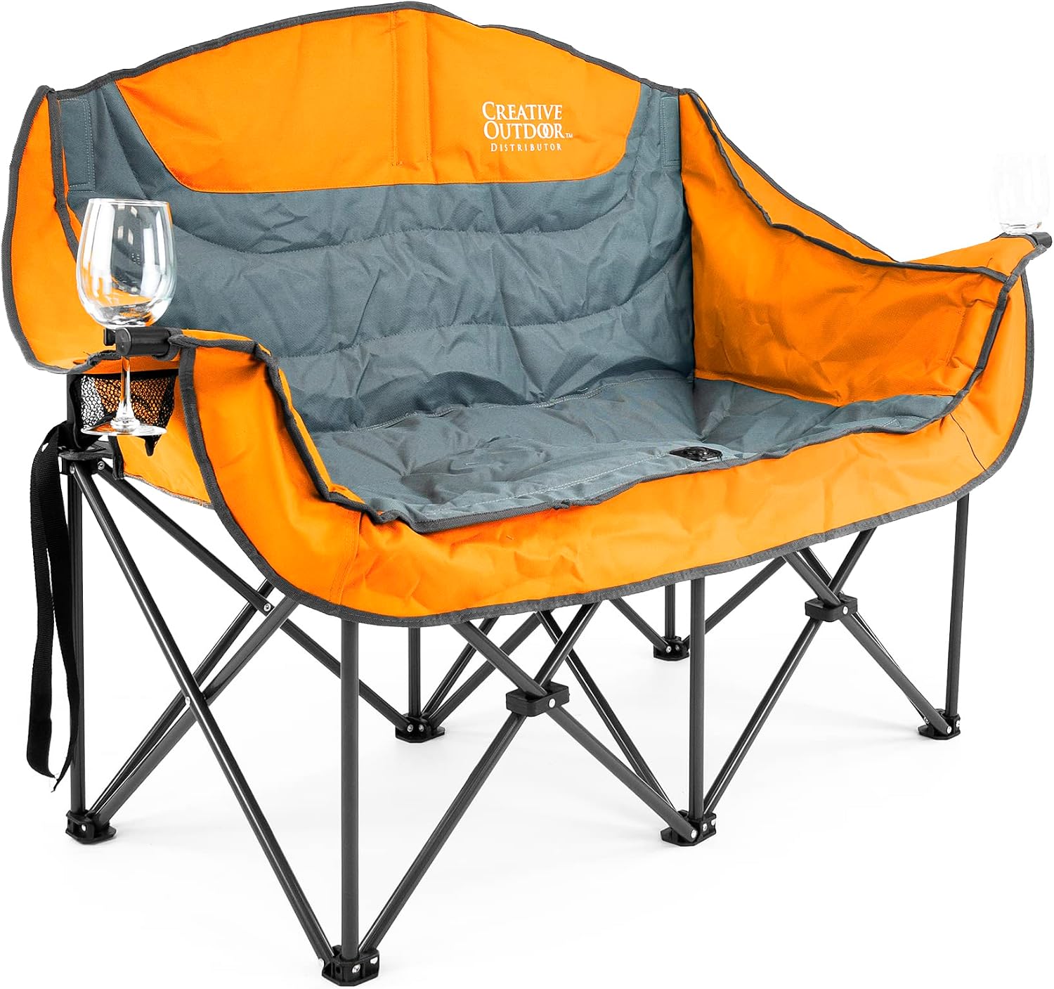 Creative Outdoor Distributor Luxury Camp Chair, Steel Frame & Polyester Fabrics, Folds Compact, Storage Bag Included (Wine Holder + 2 Person, Orange)