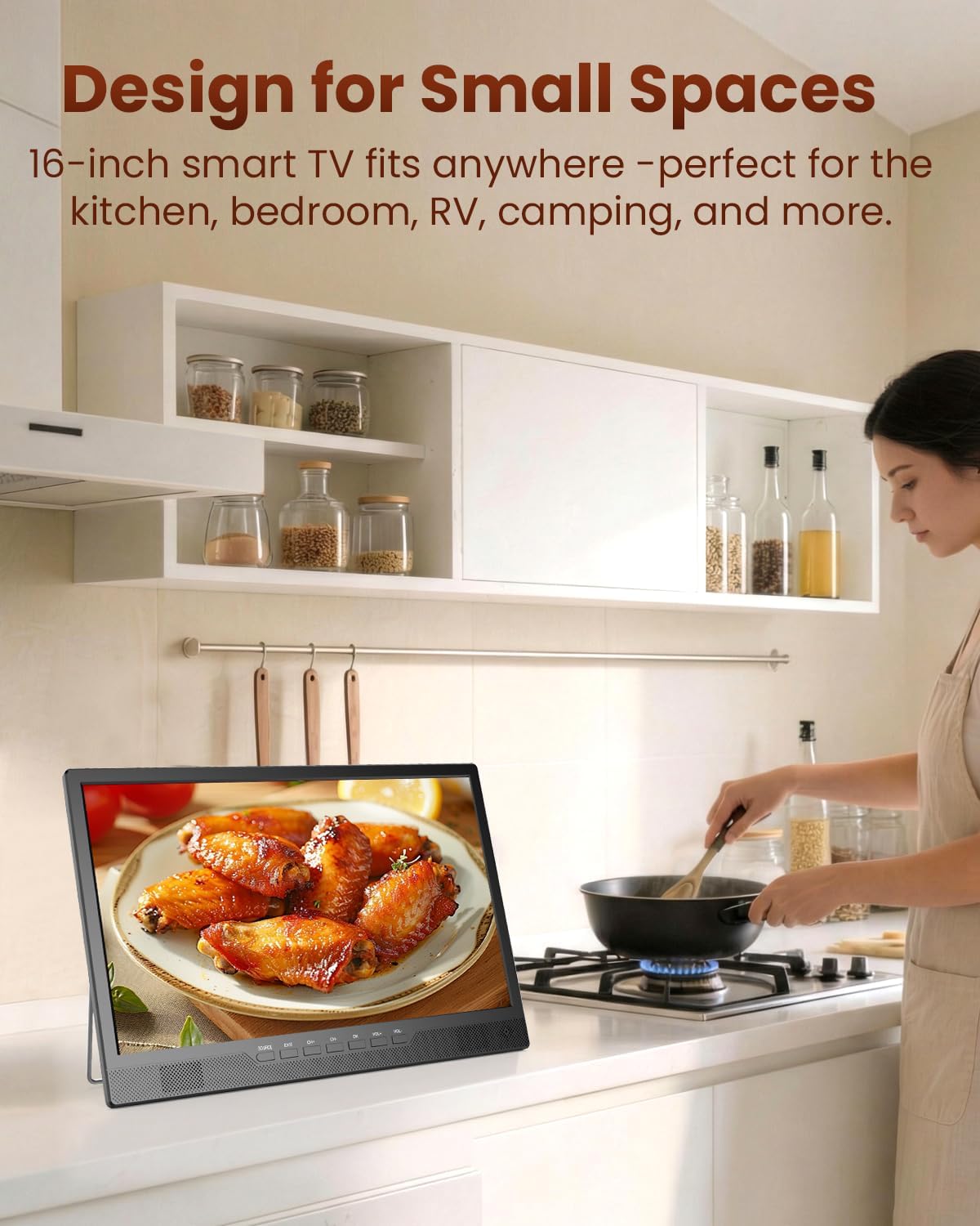 Desobry 16 Inch Small Smart TV - LCD Small Kitchen TV with WiFi, Bulit-in 180°Adjustable Stand/ATSC Tuner/HDMI/AV/USB for Camping, Bedroom, RV, Patio, Indoor & Outdoor Use