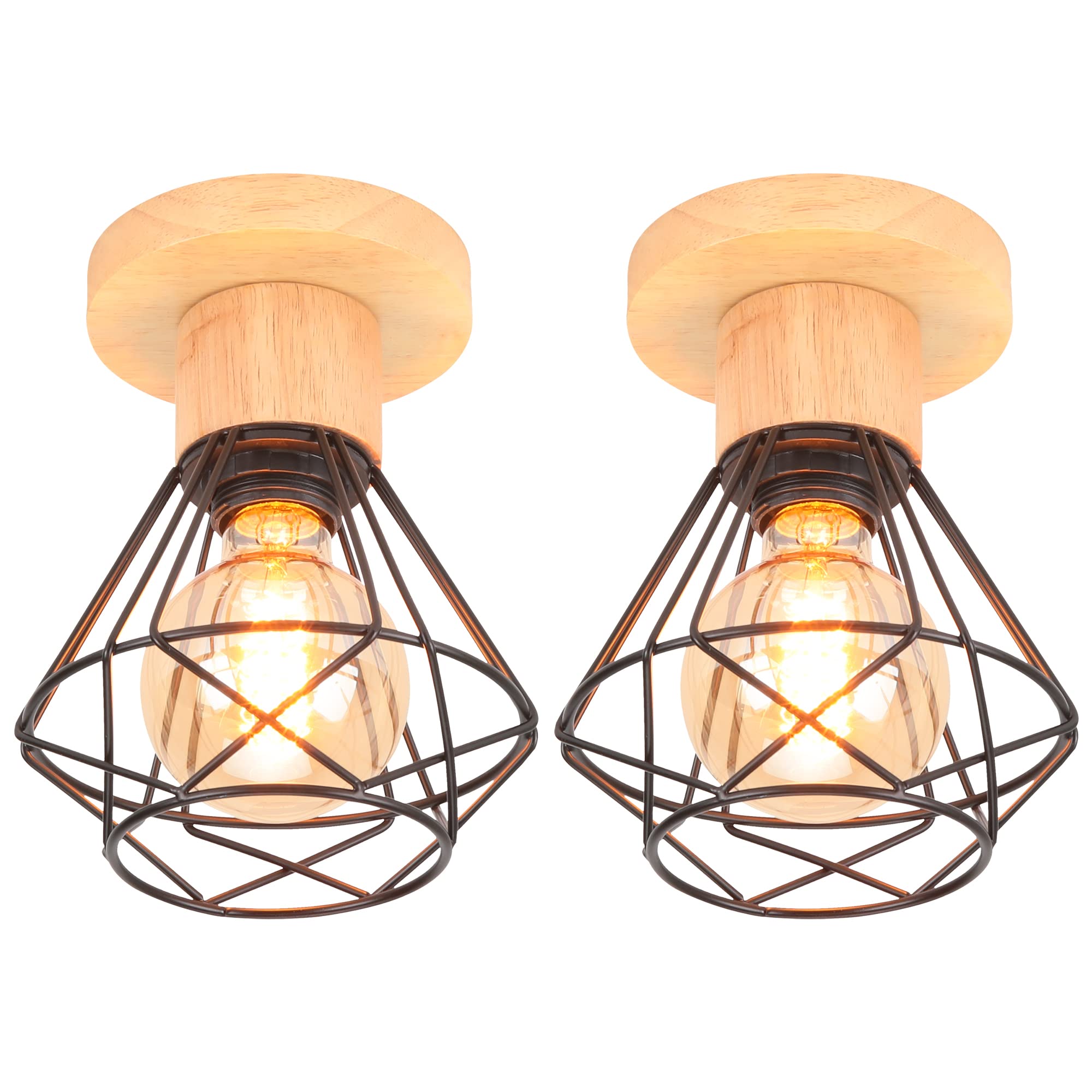 iDEGU Zestaw 2 lamp sufitowych przemysłowych, 16 cm Vintage E27 Retro żyrandol wisząca z żelaza i drewna Klatka Design Czarna lampa sufitowa do wejścia do przedpokoju sypialni kuchni