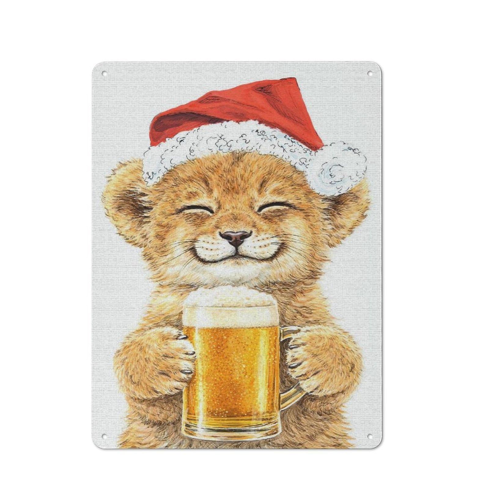 Workshop Style Garage Metal Sign 40x30cm Featuring Lion Cub in Santa Hat with Beer, Industrial Wall Art for Garage, Hobby Room, Office Or Man Cave