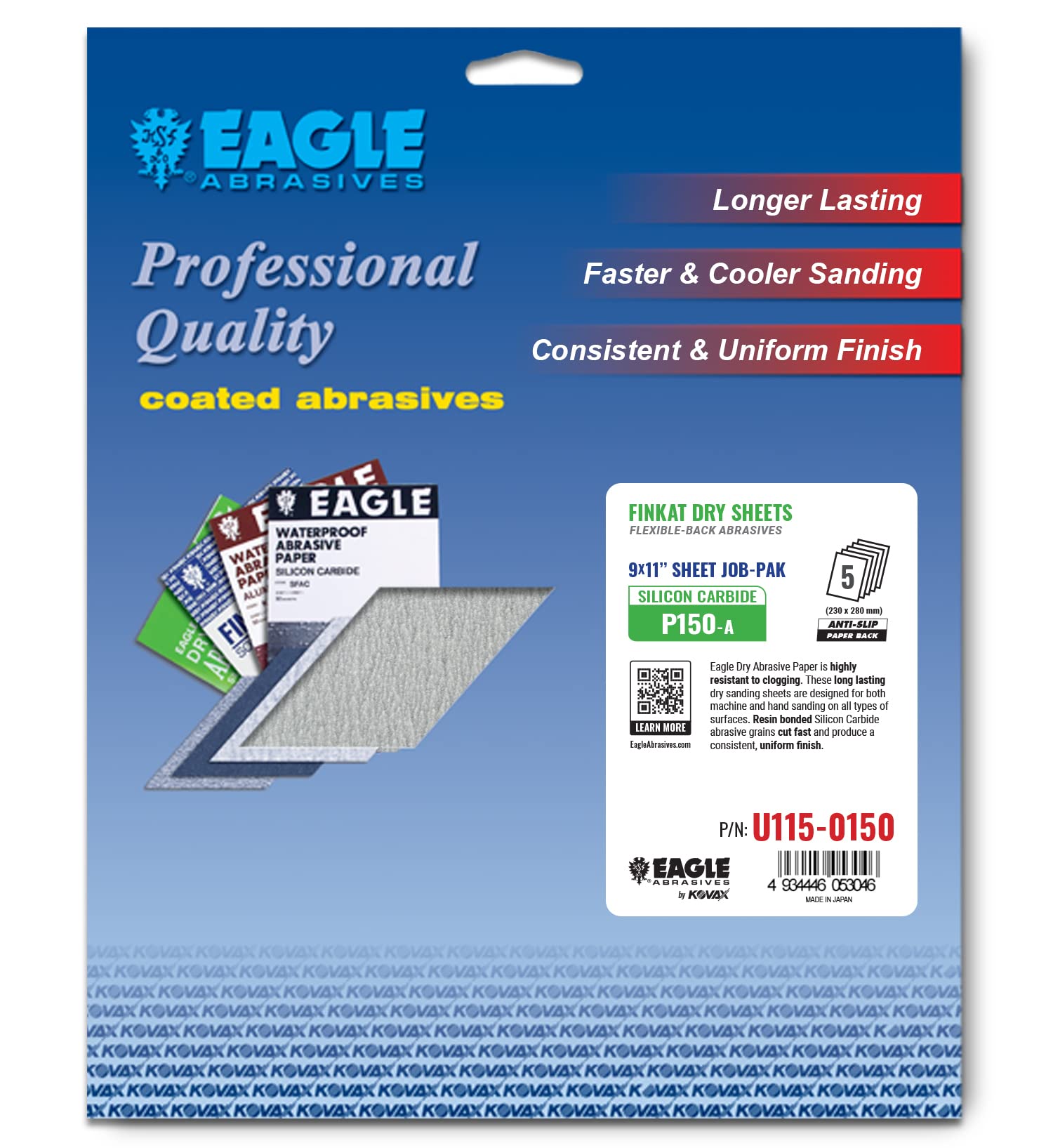 Eagle 9x11 Silicon Carbide Finkat Dry Sanding Sheets JOB-PAK, Grit P150, U115-0150, 5 sheets
