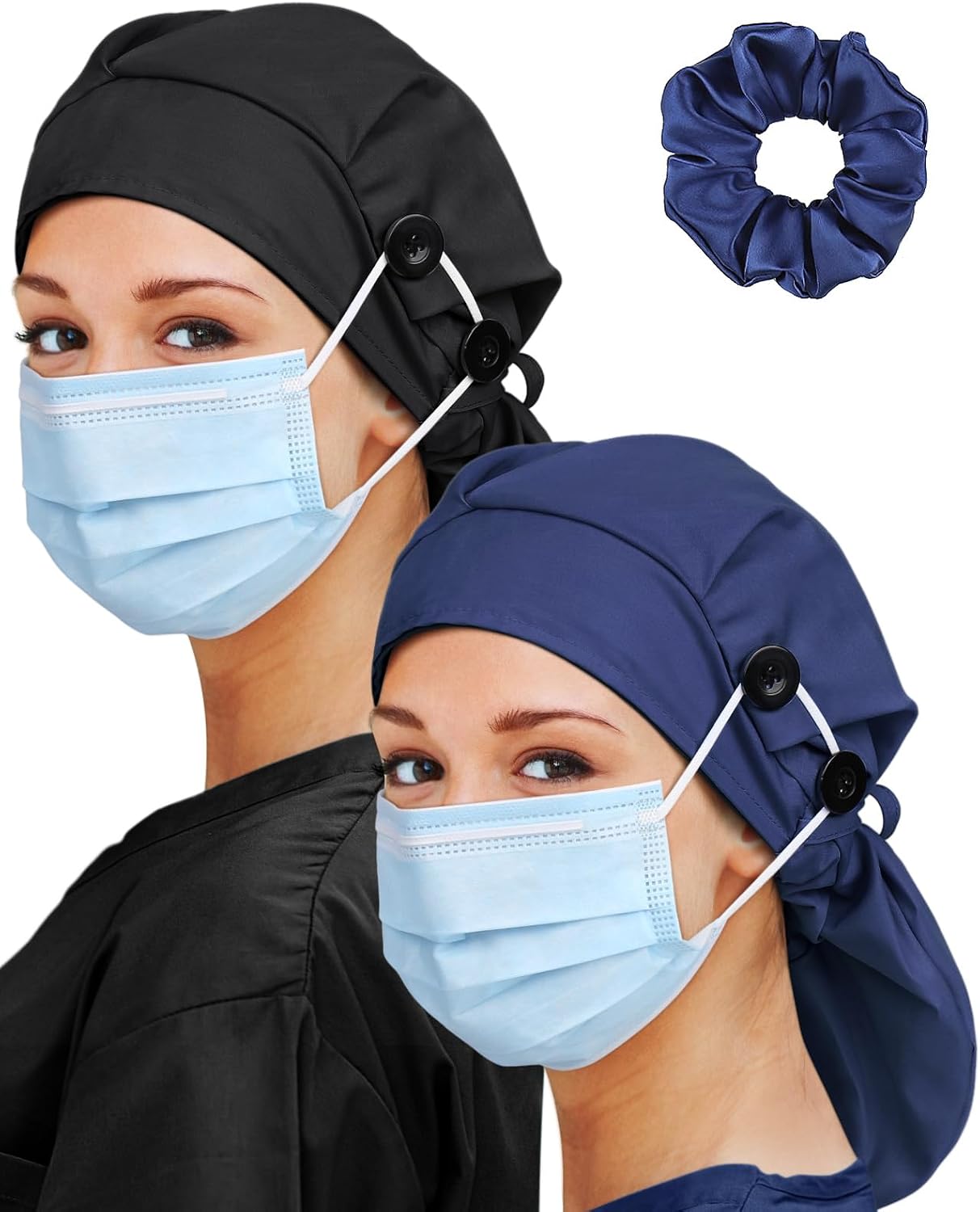 Large Satin Lined Scrub Cap for Women Long Hair Nurse Head Cap Surgical Bonnet 4 Buttons