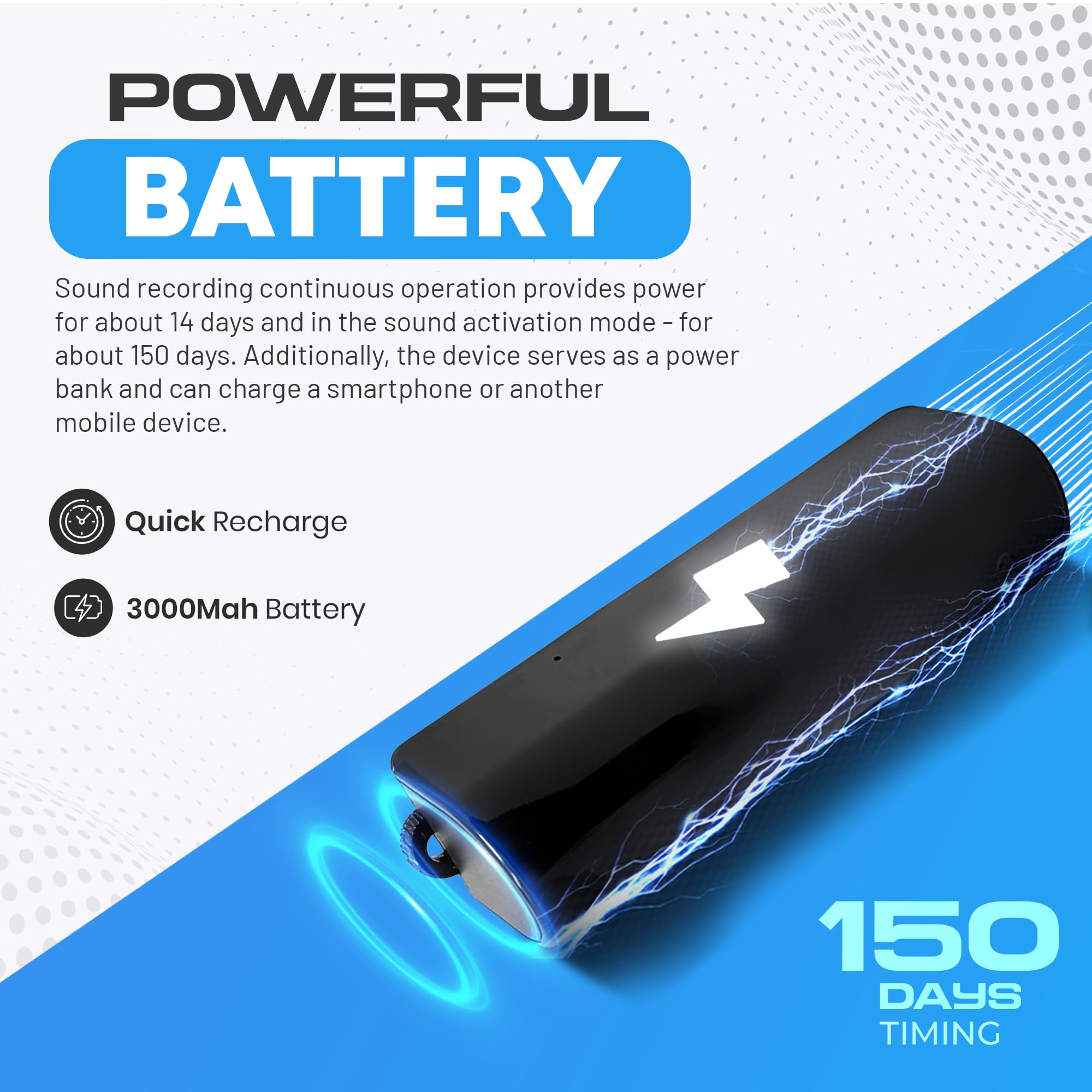 USB stick for dictation device Spy Powerbank up to 2 weeks of continuous recording or 4 months standby, 16 GB memory for up to 576 hours